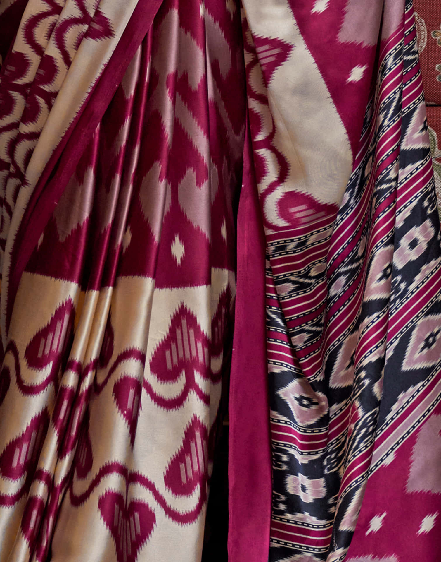 Maroon Satin Ikkat Printed Saree