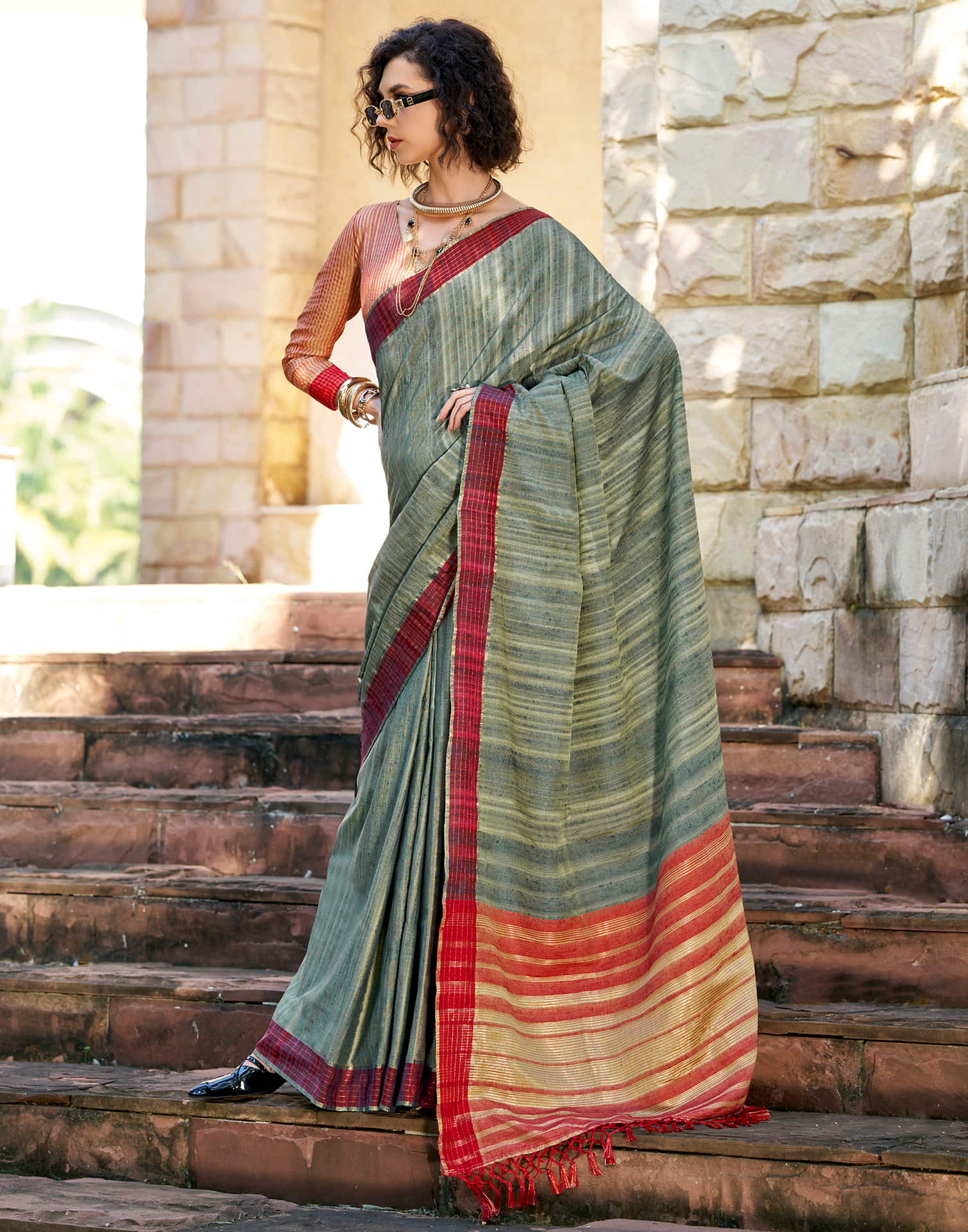 Dusty Rama Blue Silk Weaving Handloom Saree