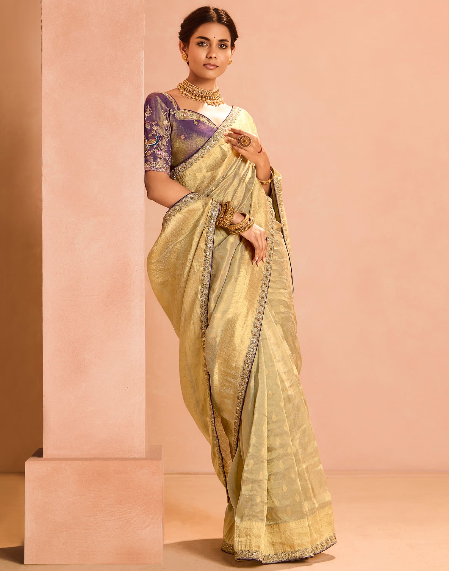 Beige Silk Weaving Kanjivaram Saree