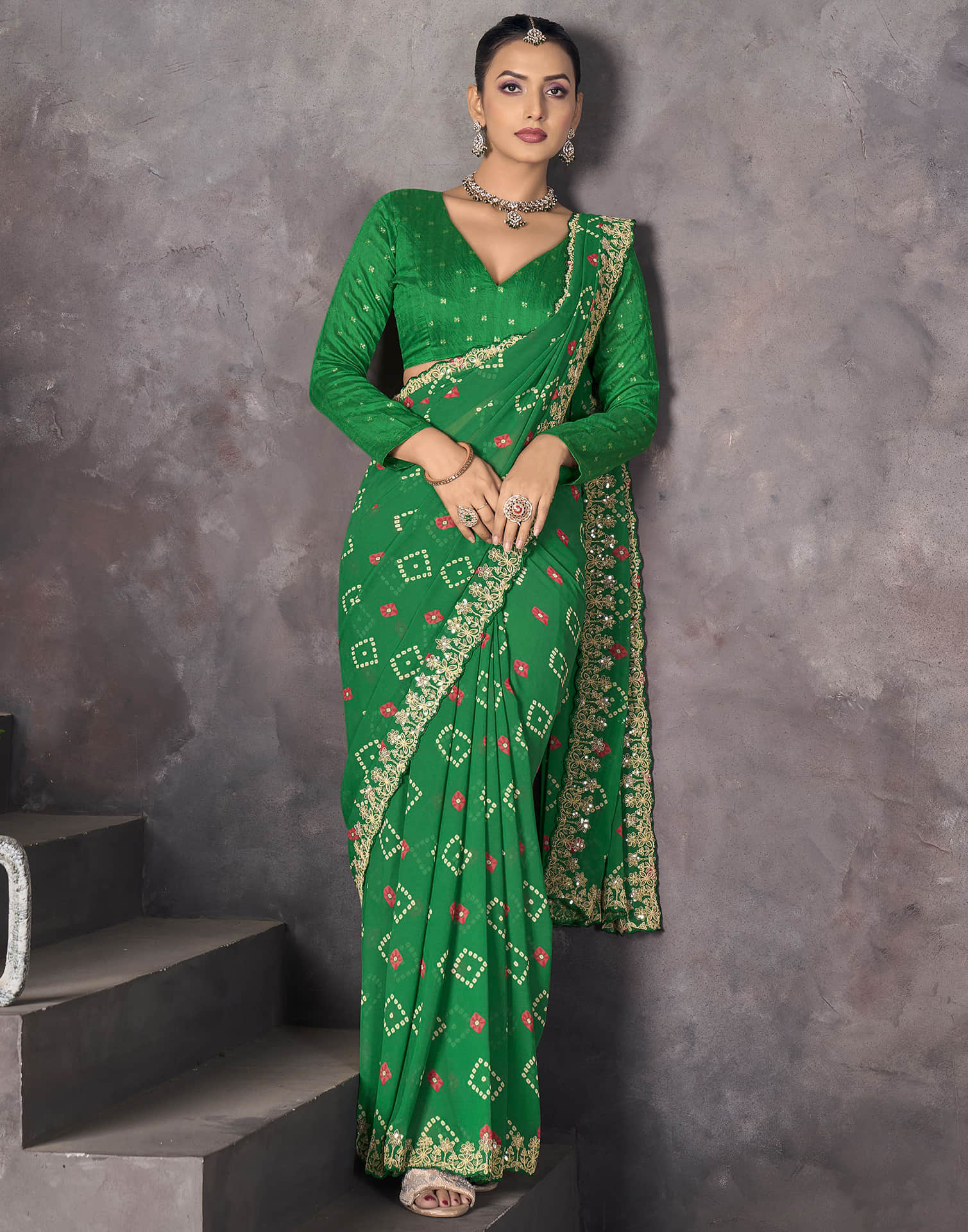 Green Georgette Printed Bandhani Saree