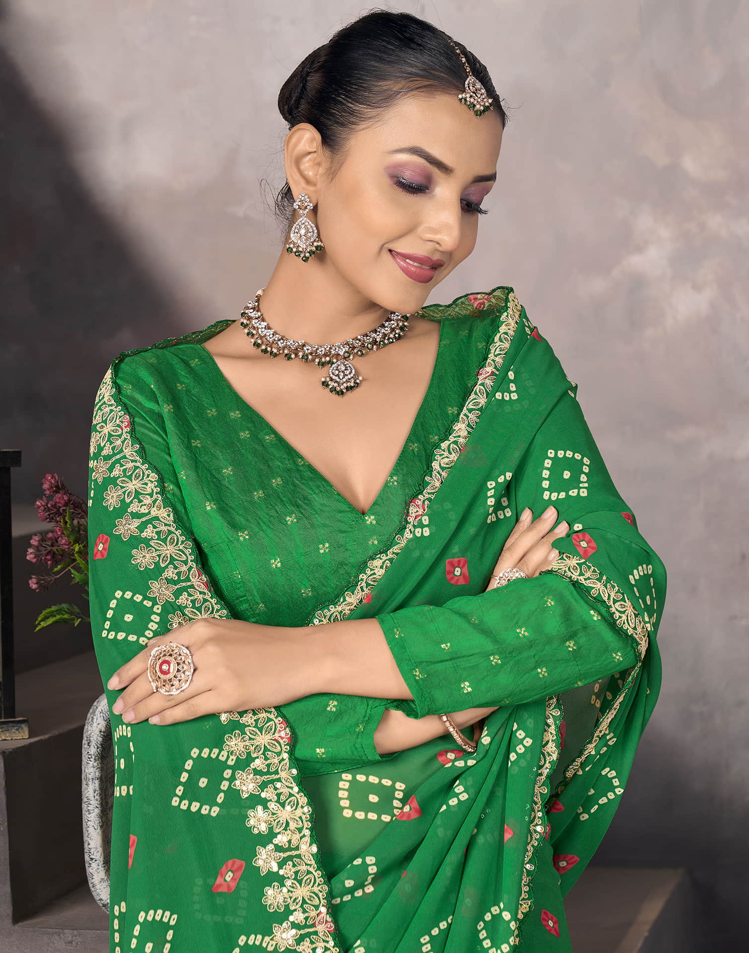 Green Georgette Printed Bandhani Saree