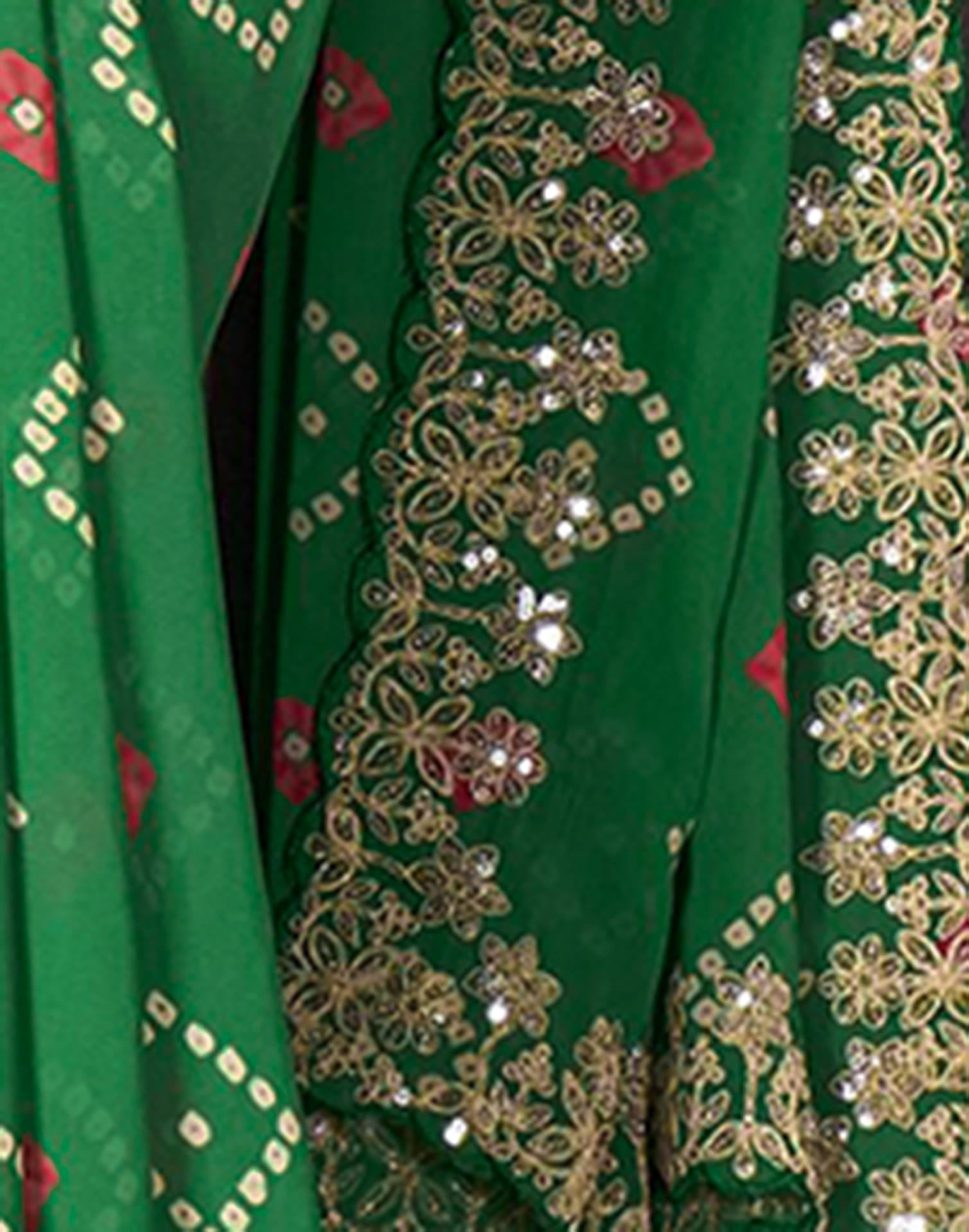 Green Georgette Printed Bandhani Saree