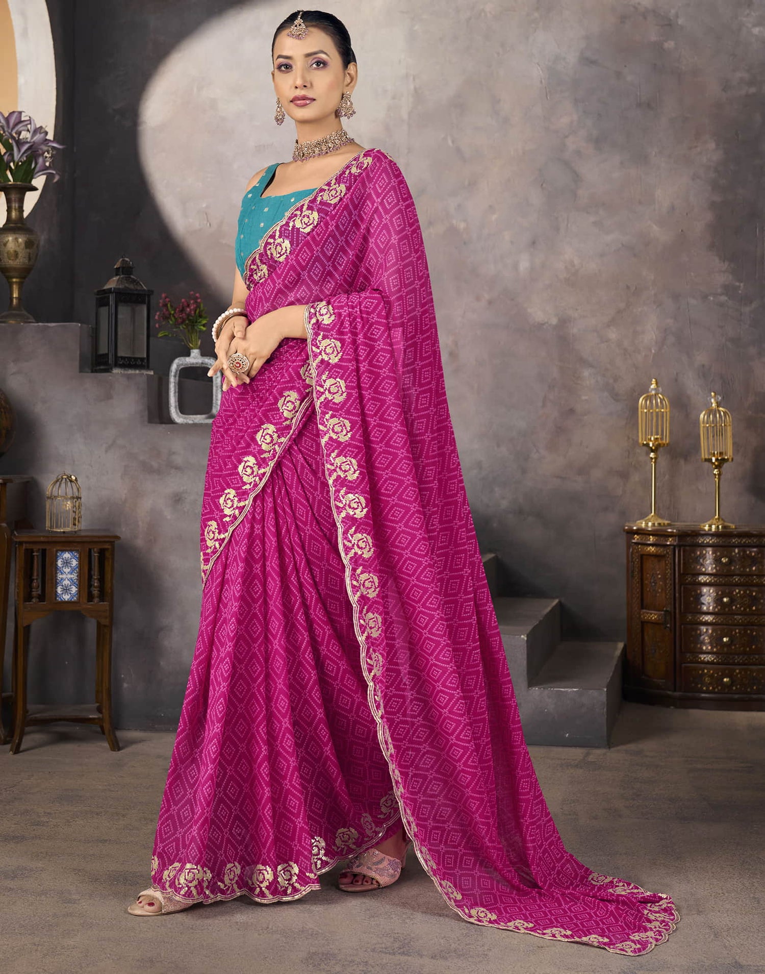 Rani Pink Georgette Printed Bandhani Saree