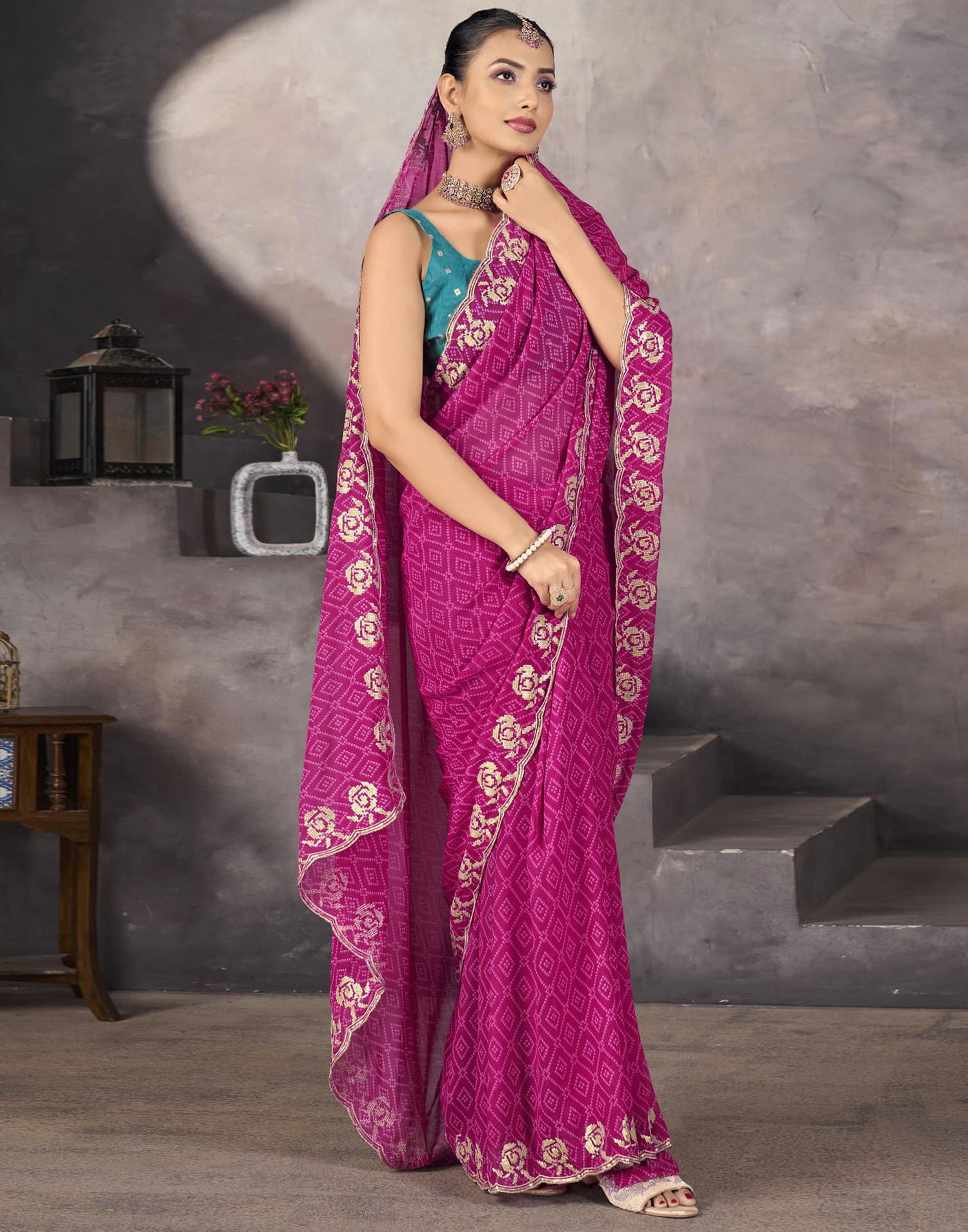 Rani Pink Georgette Printed Bandhani Saree