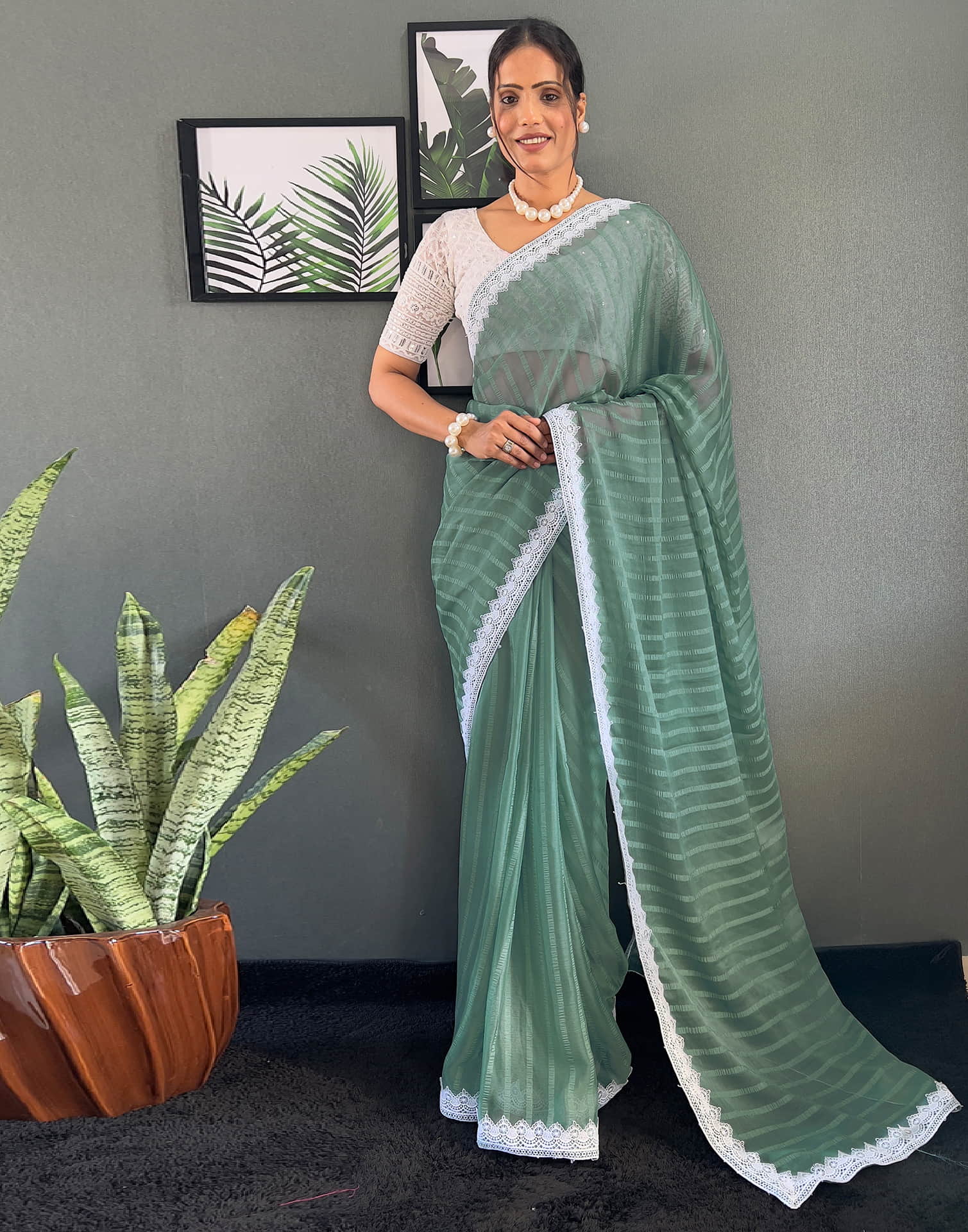 Teal Green Chiffon Lace Solid Saree