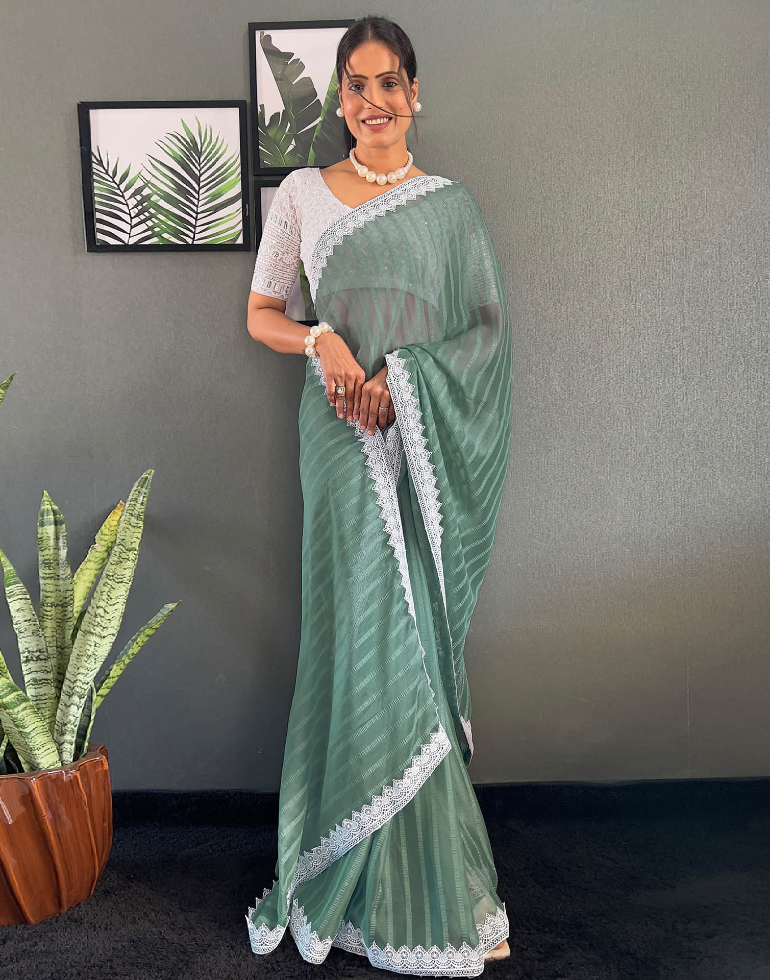 Teal Green Chiffon Lace Solid Saree