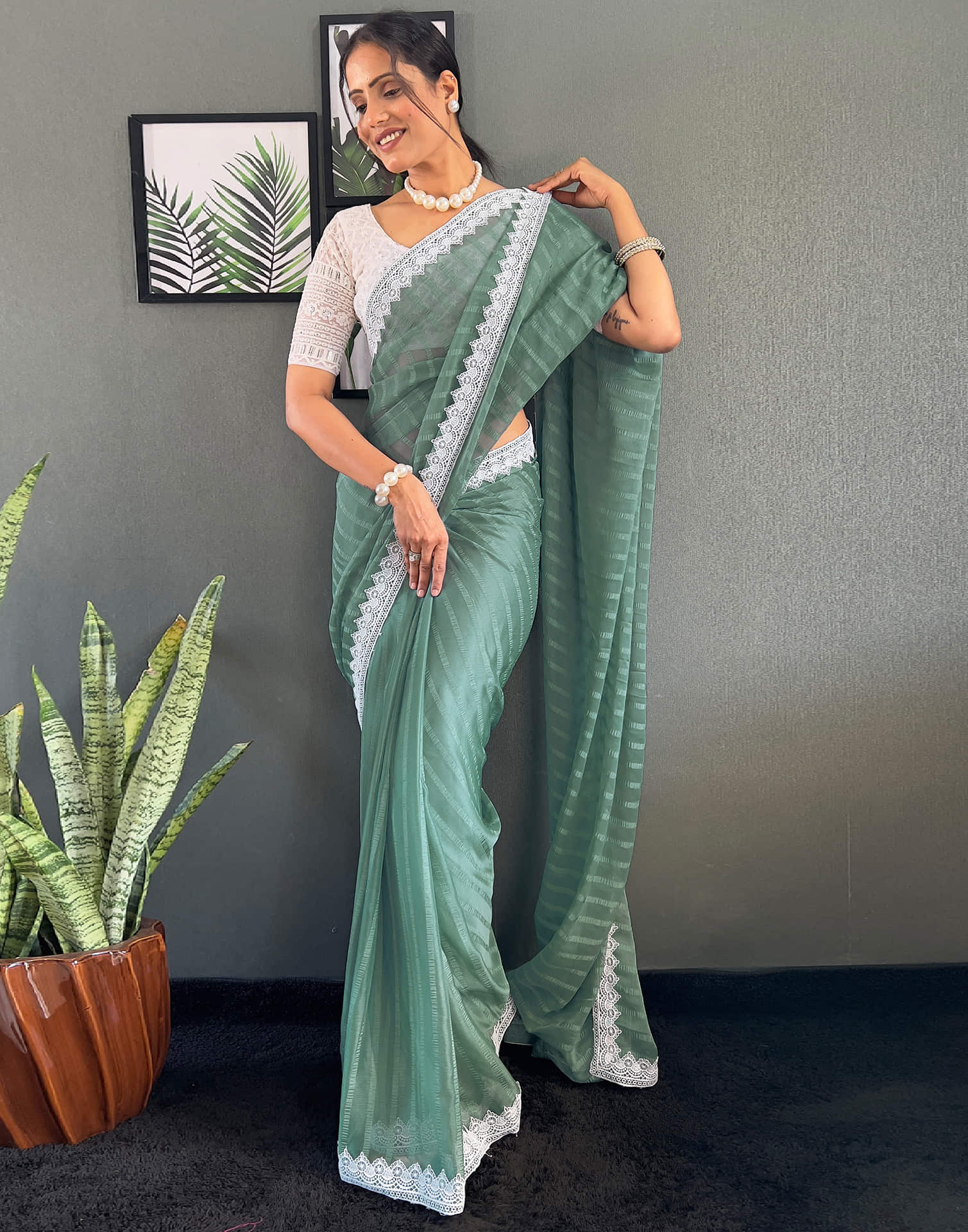 Teal Green Chiffon Lace Solid Saree