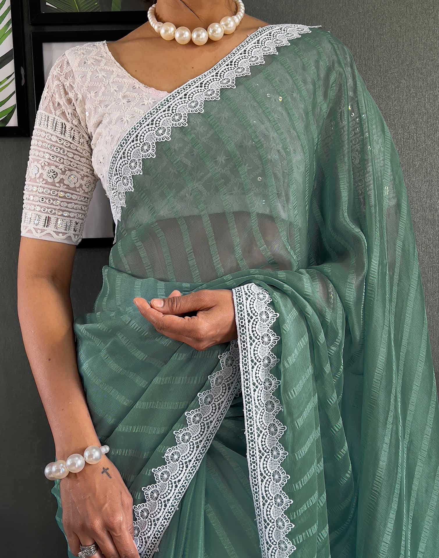 Teal Green Chiffon Lace Solid Saree