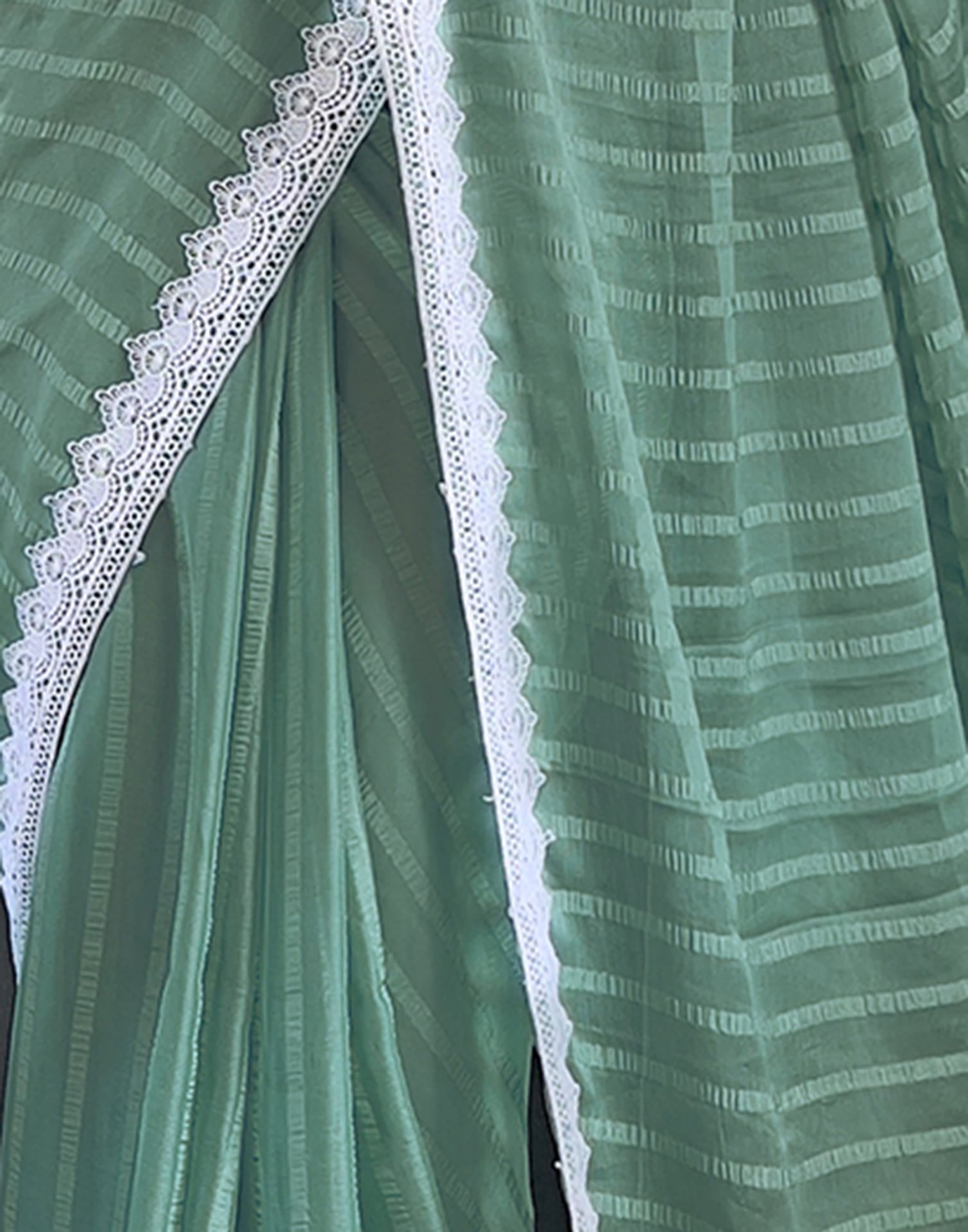 Teal Green Chiffon Lace Solid Saree