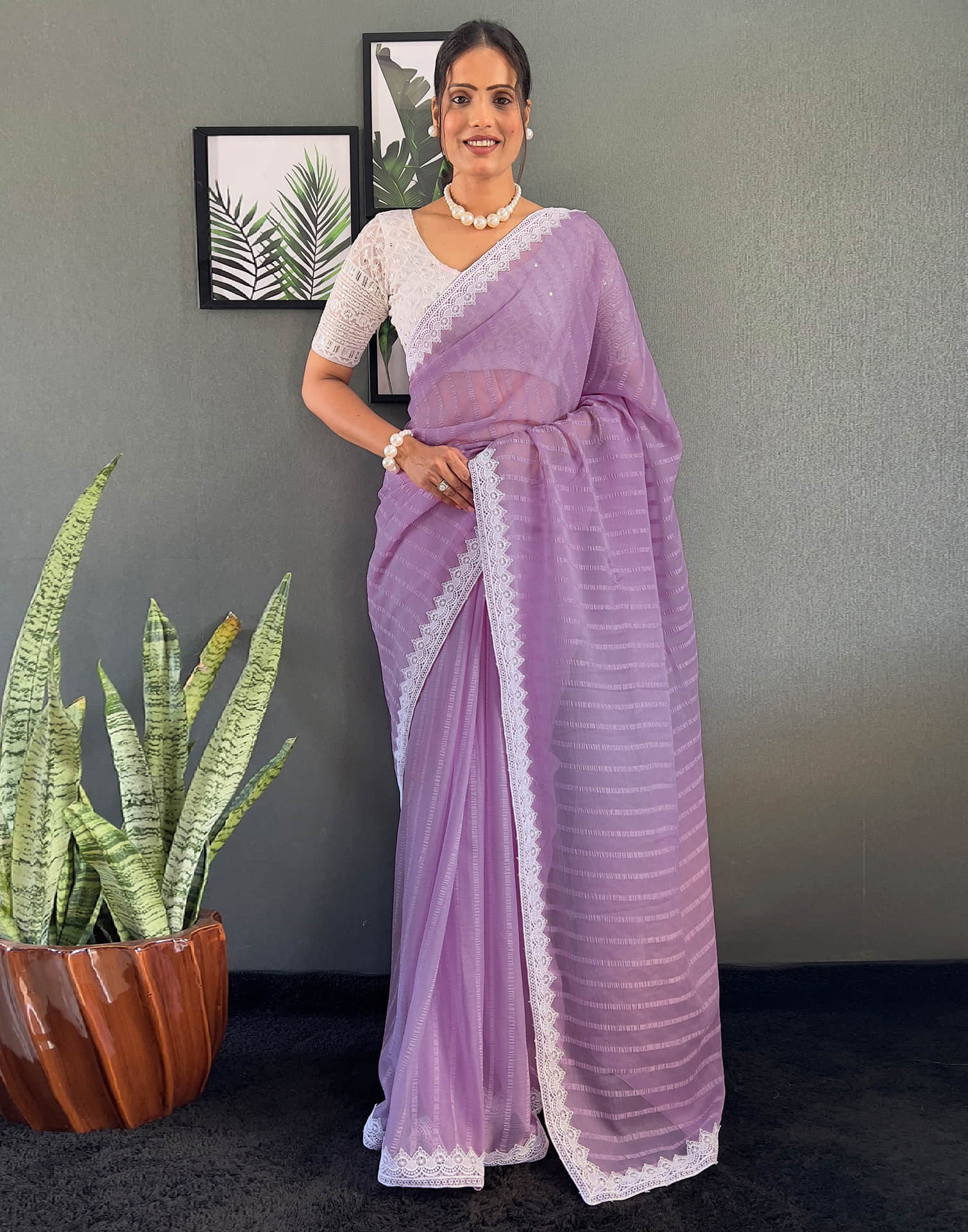Light Purple Chiffon Lace Solid Saree