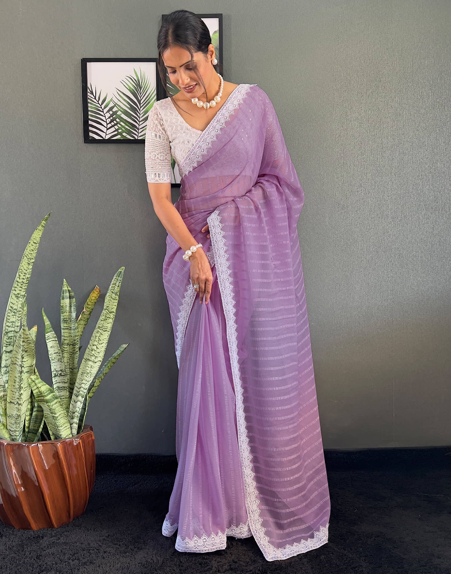 Light Purple Chiffon Lace Solid Saree