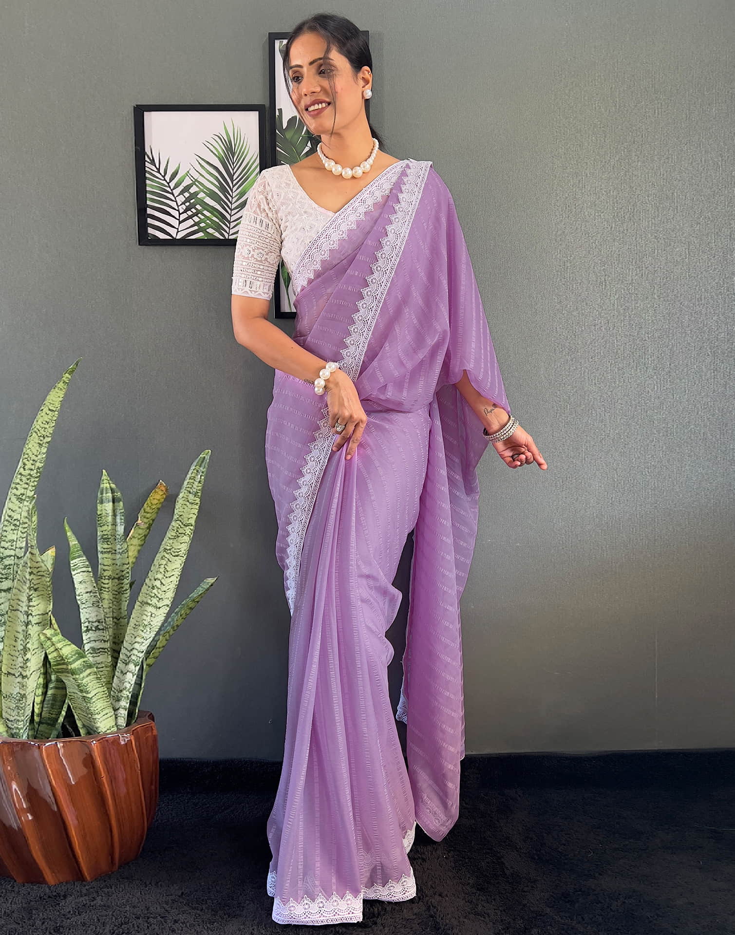 Light Purple Chiffon Lace Solid Saree