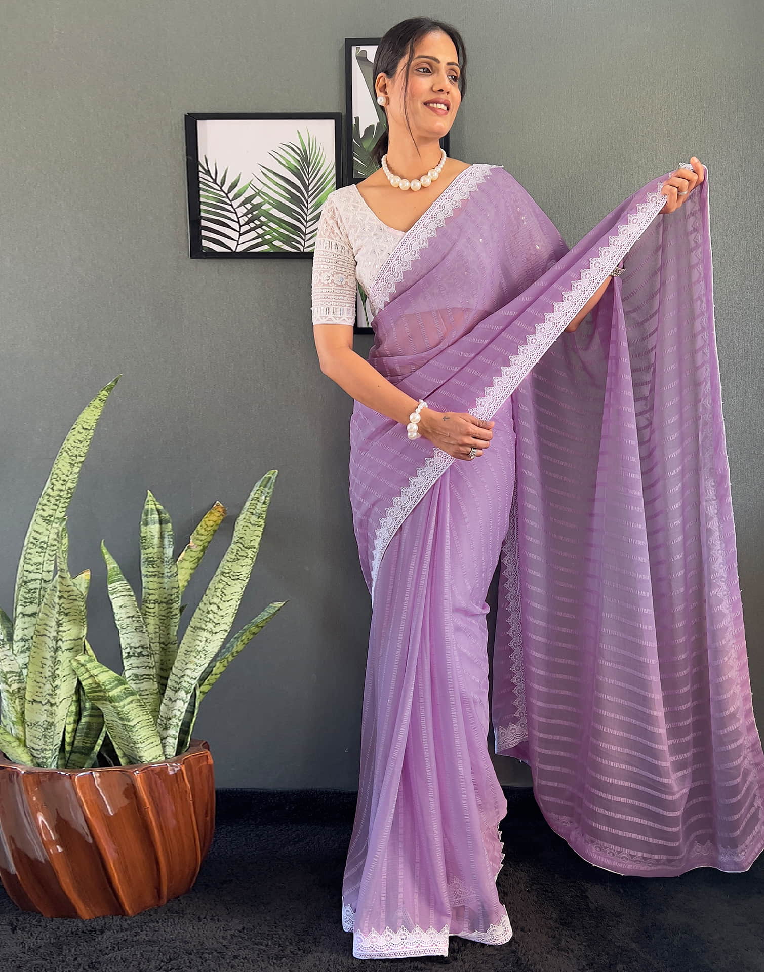 Light Purple Chiffon Lace Solid Saree