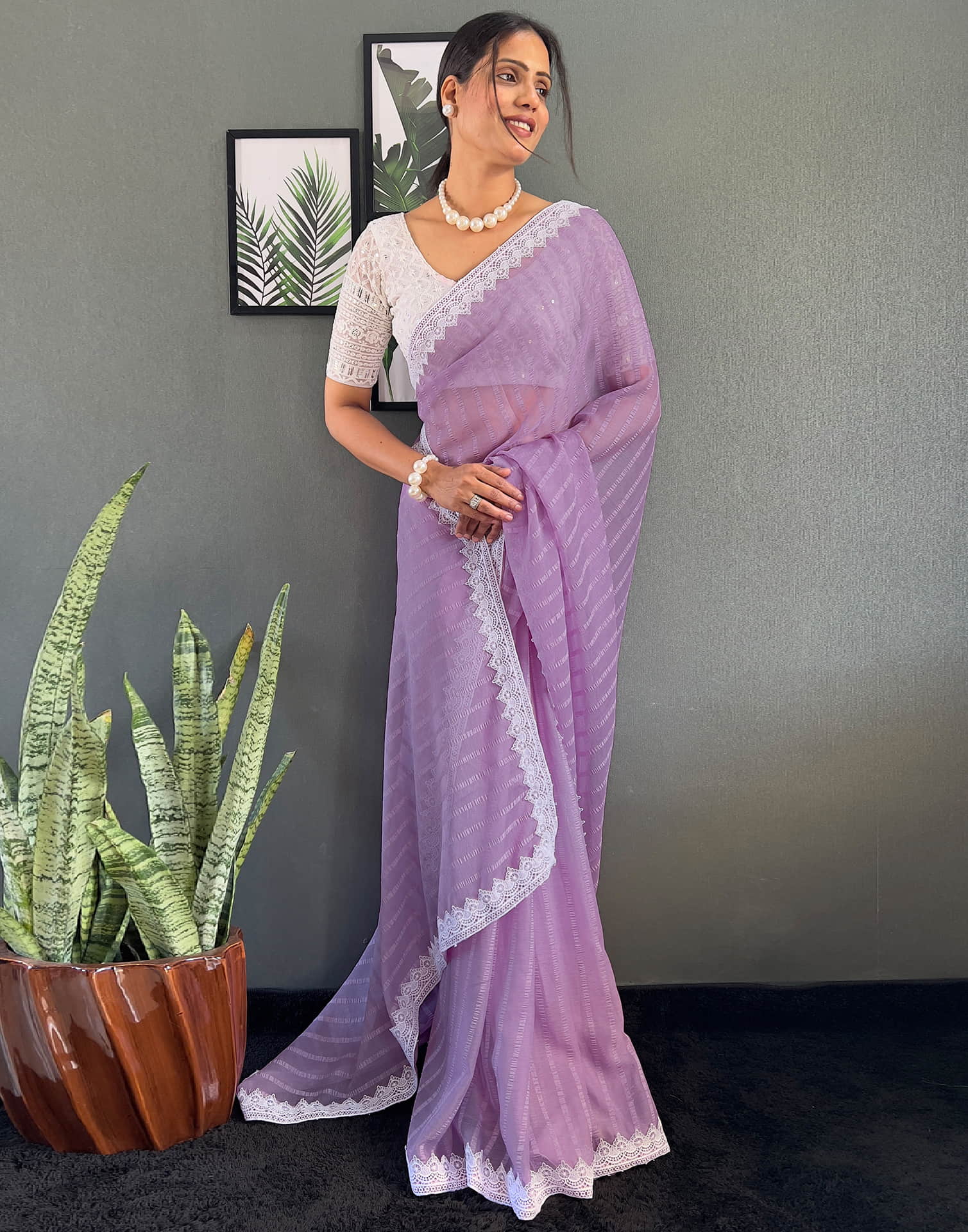 Light Purple Chiffon Lace Solid Saree