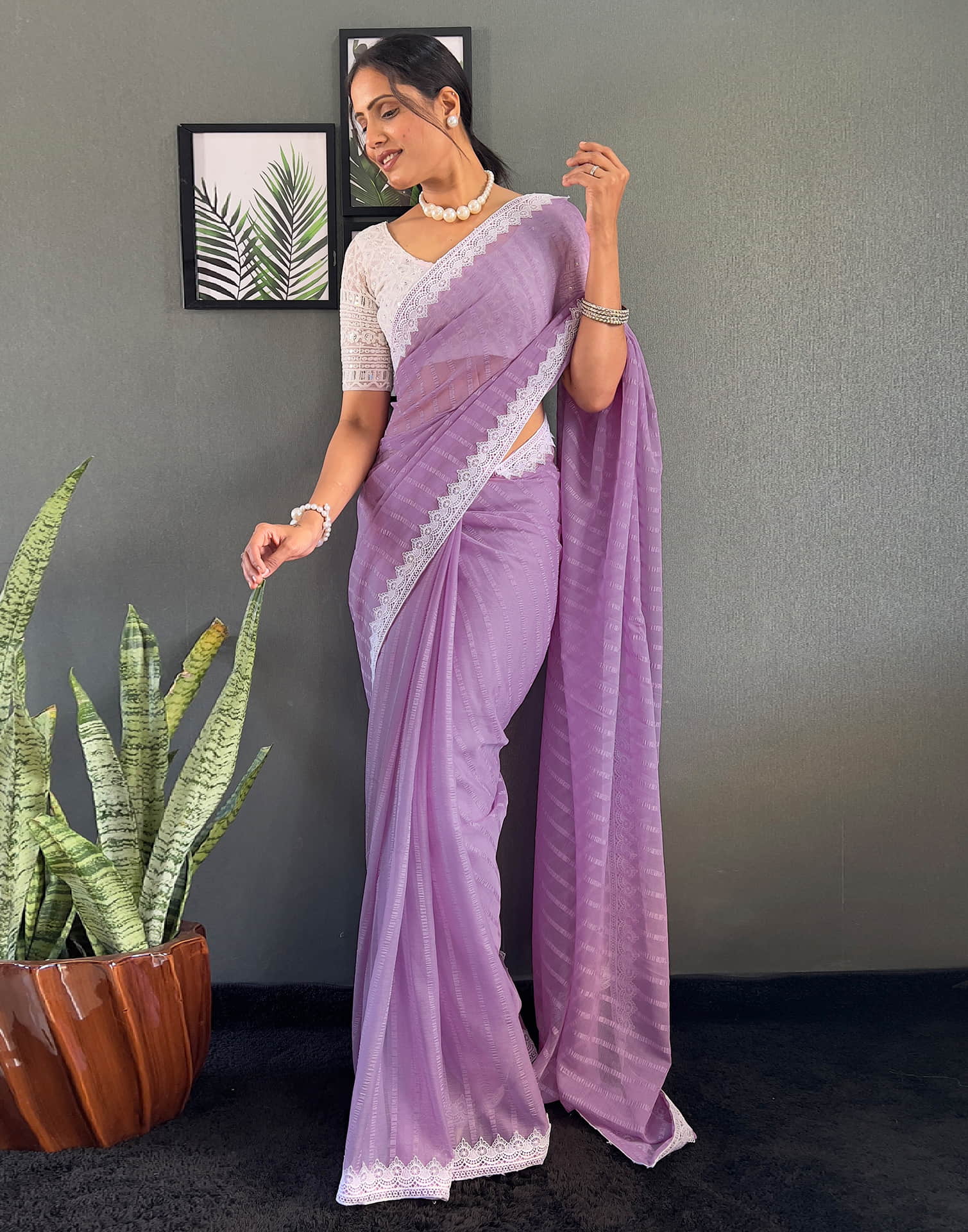 Light Purple Chiffon Lace Solid Saree