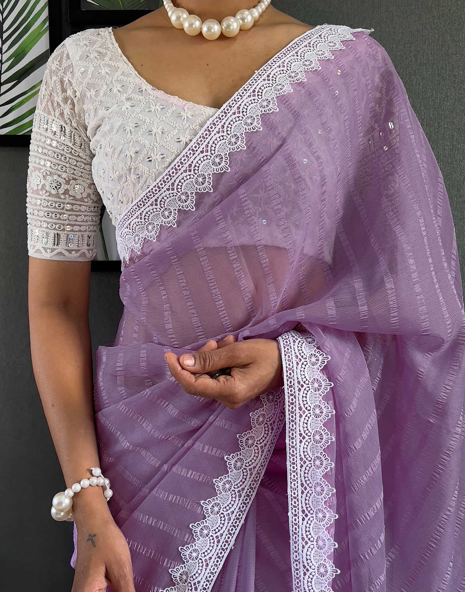 Light Purple Chiffon Lace Solid Saree