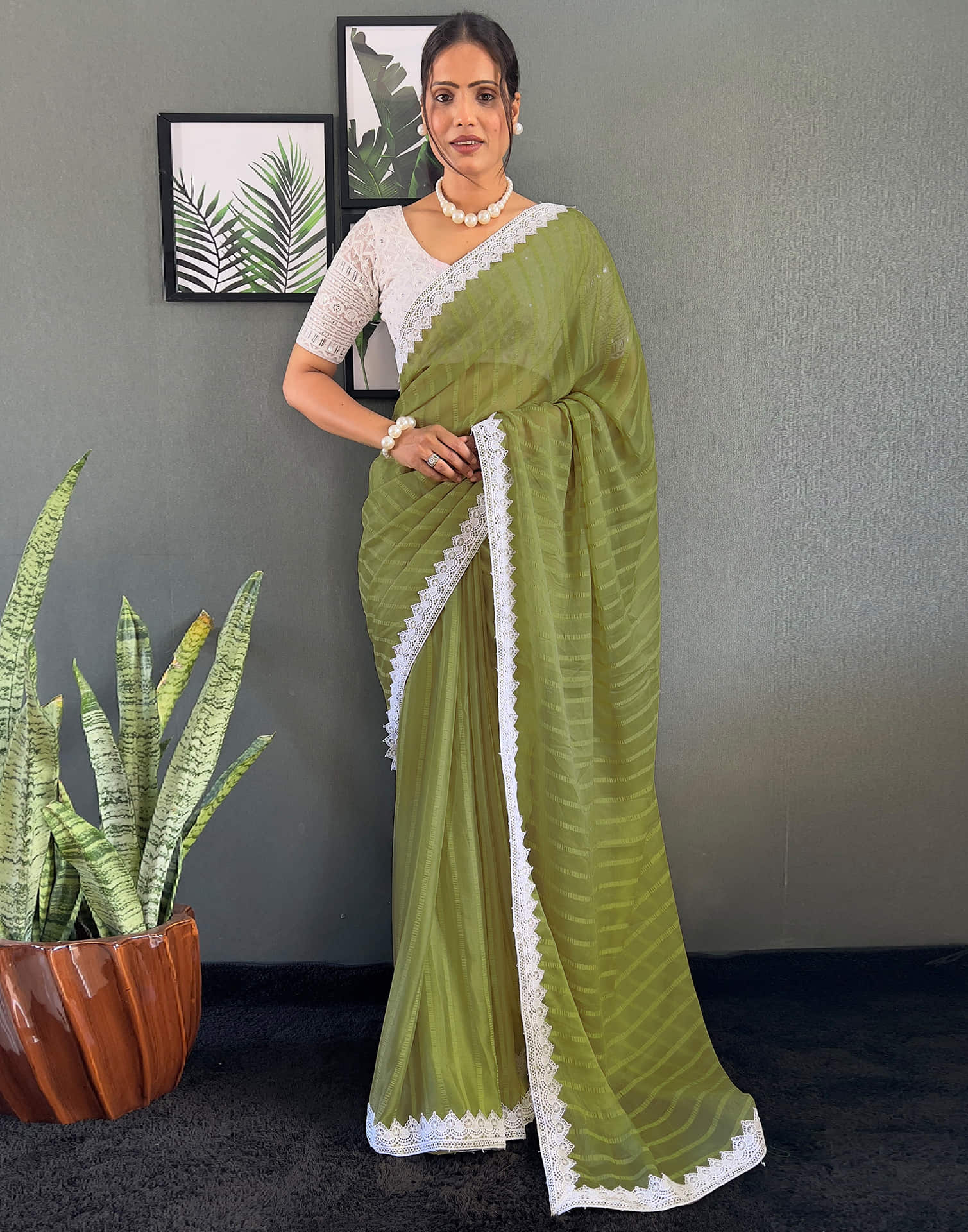 Olive Green Chiffon Lace Solid Saree