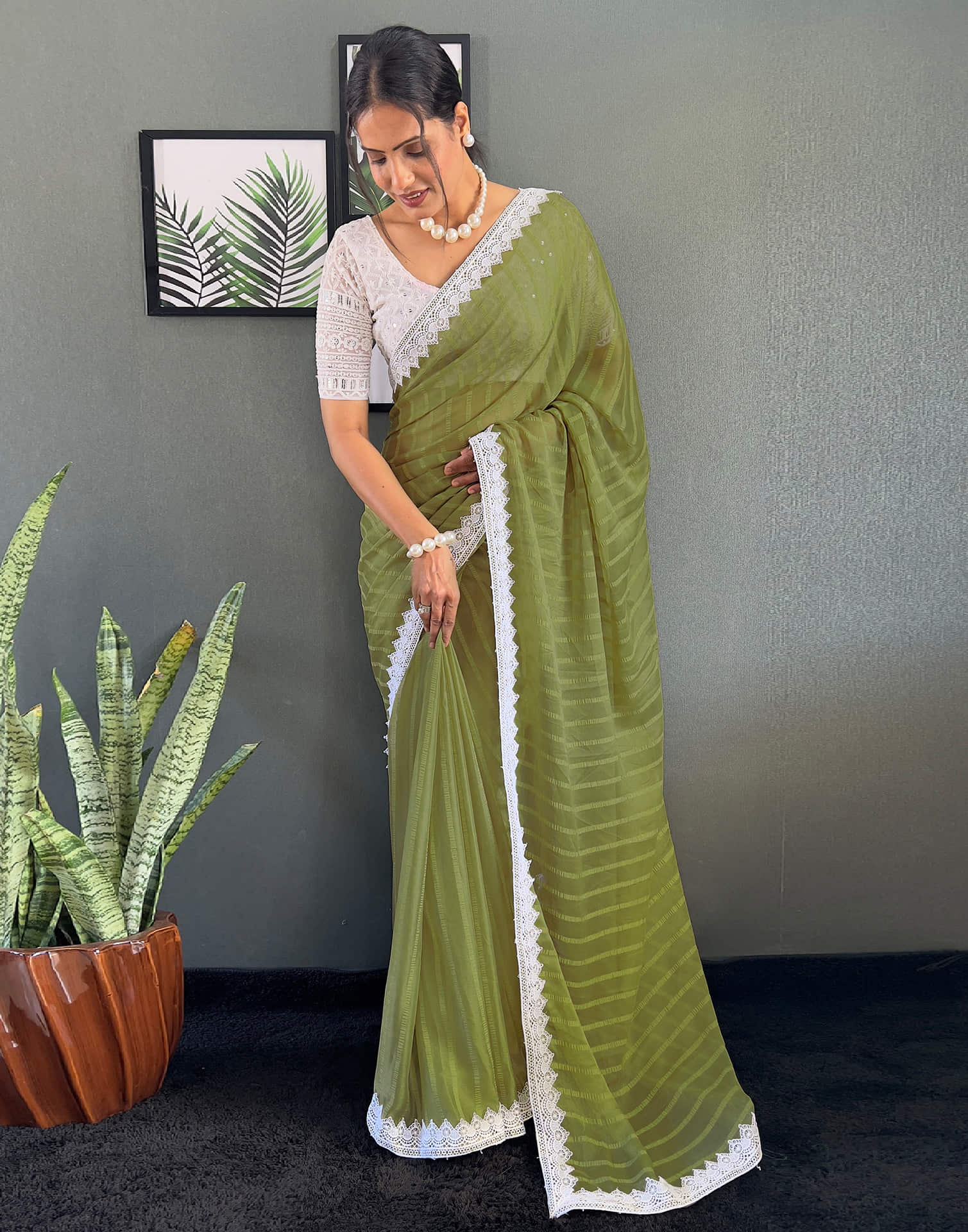 Olive Green Chiffon Lace Solid Saree