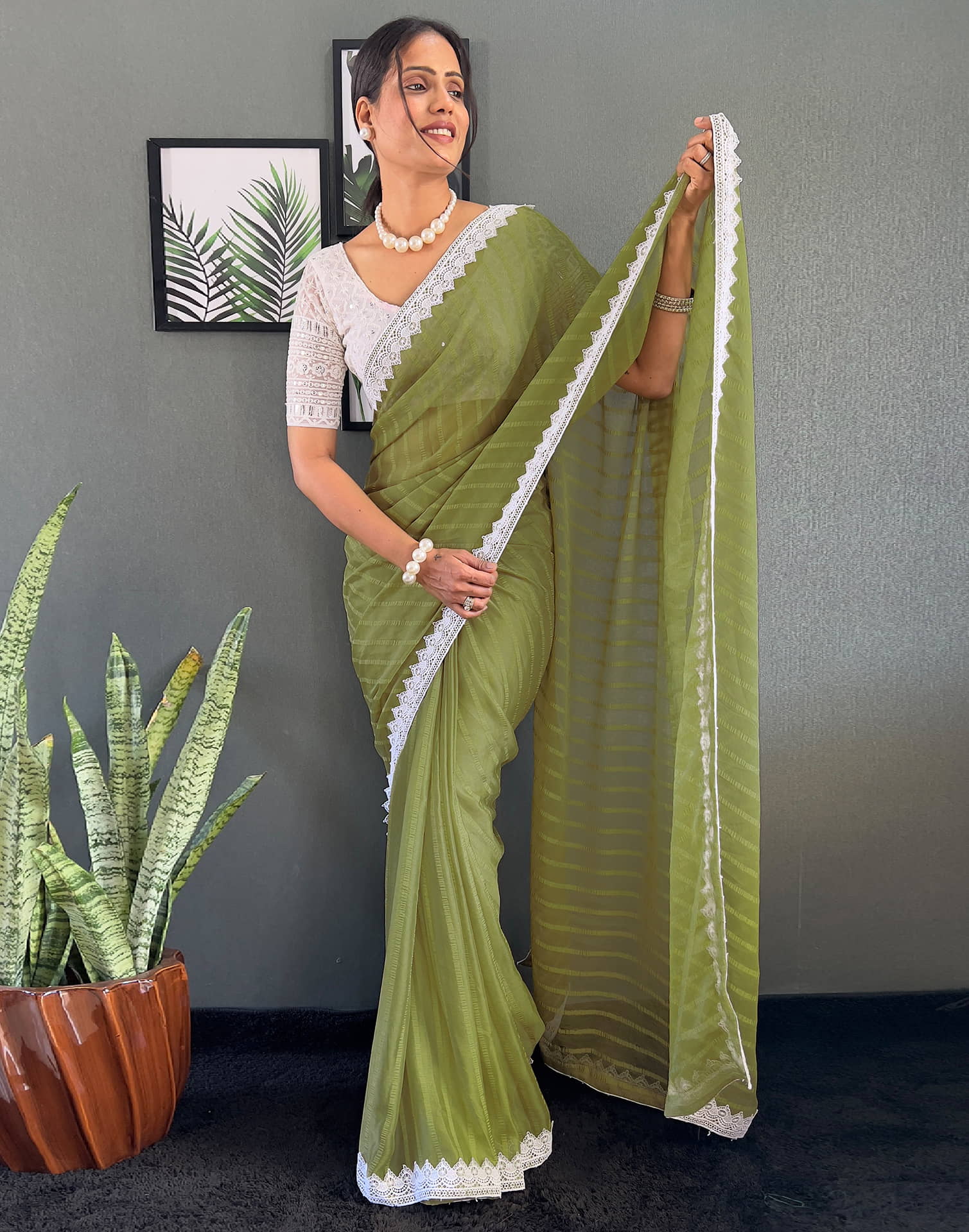 Olive Green Chiffon Lace Solid Saree