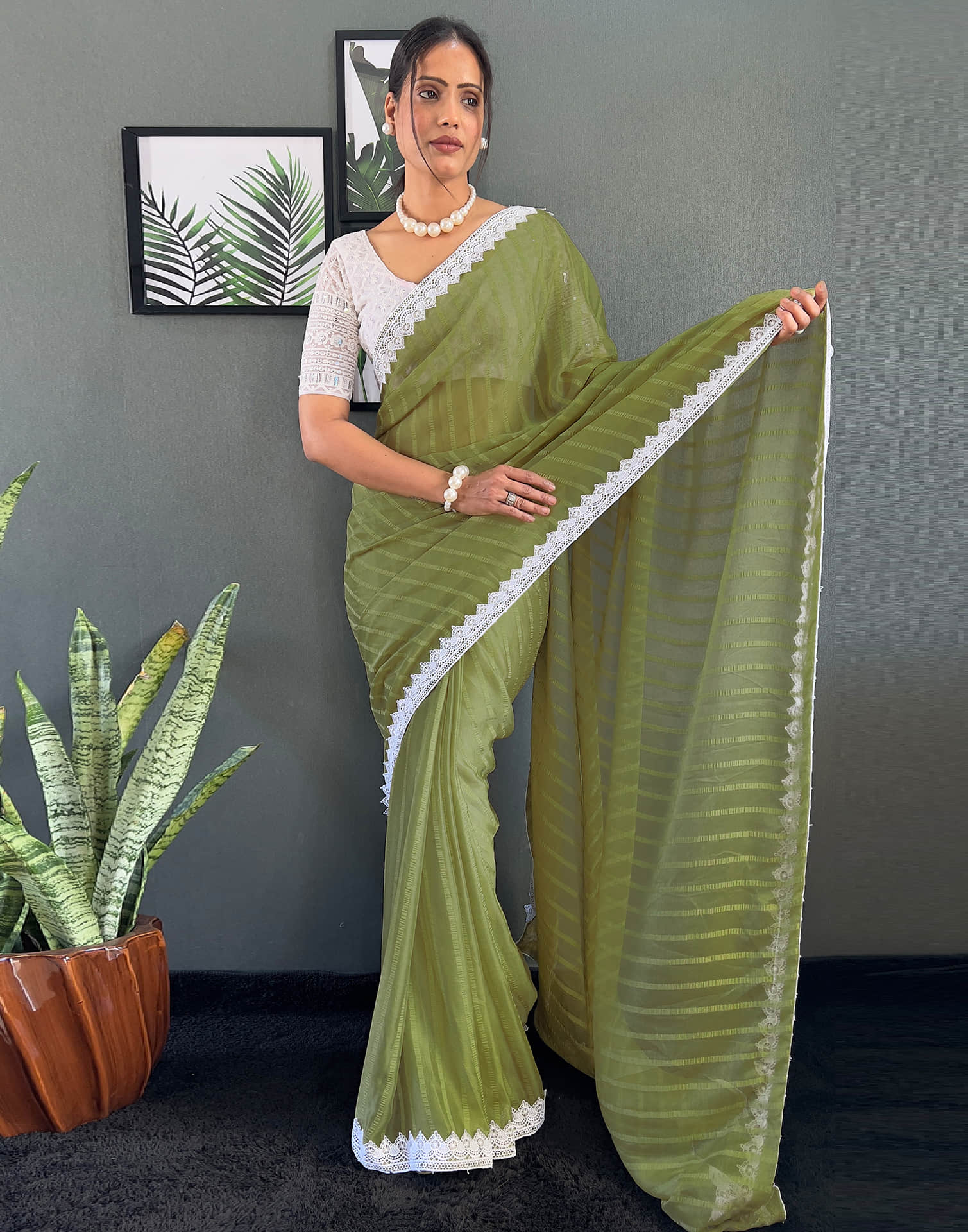 Olive Green Chiffon Lace Solid Saree
