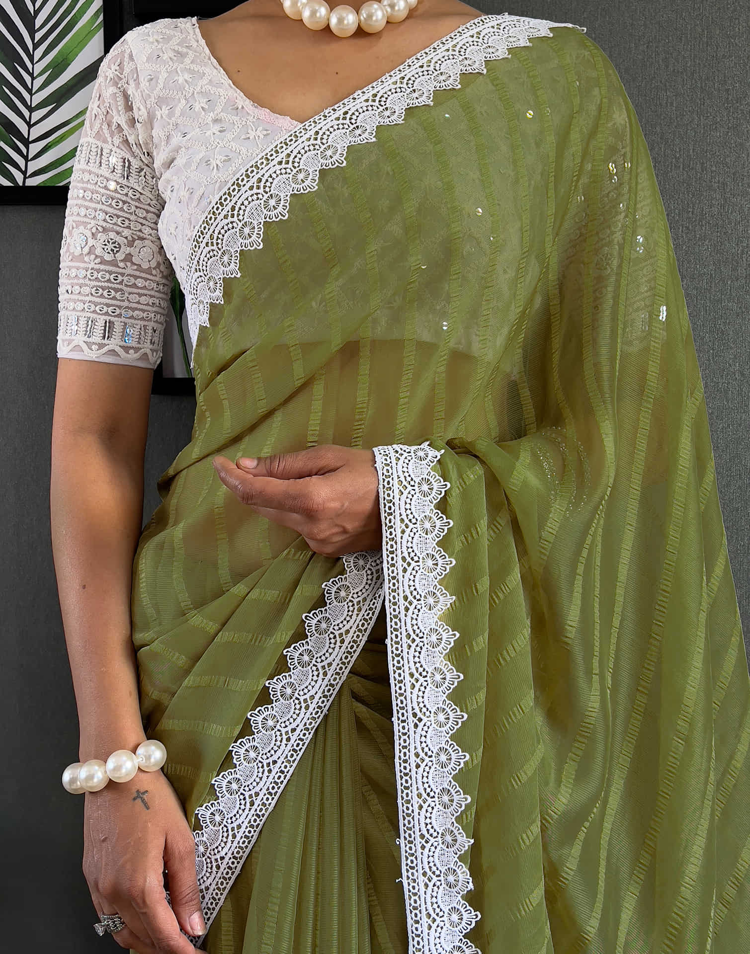 Olive Green Chiffon Lace Solid Saree