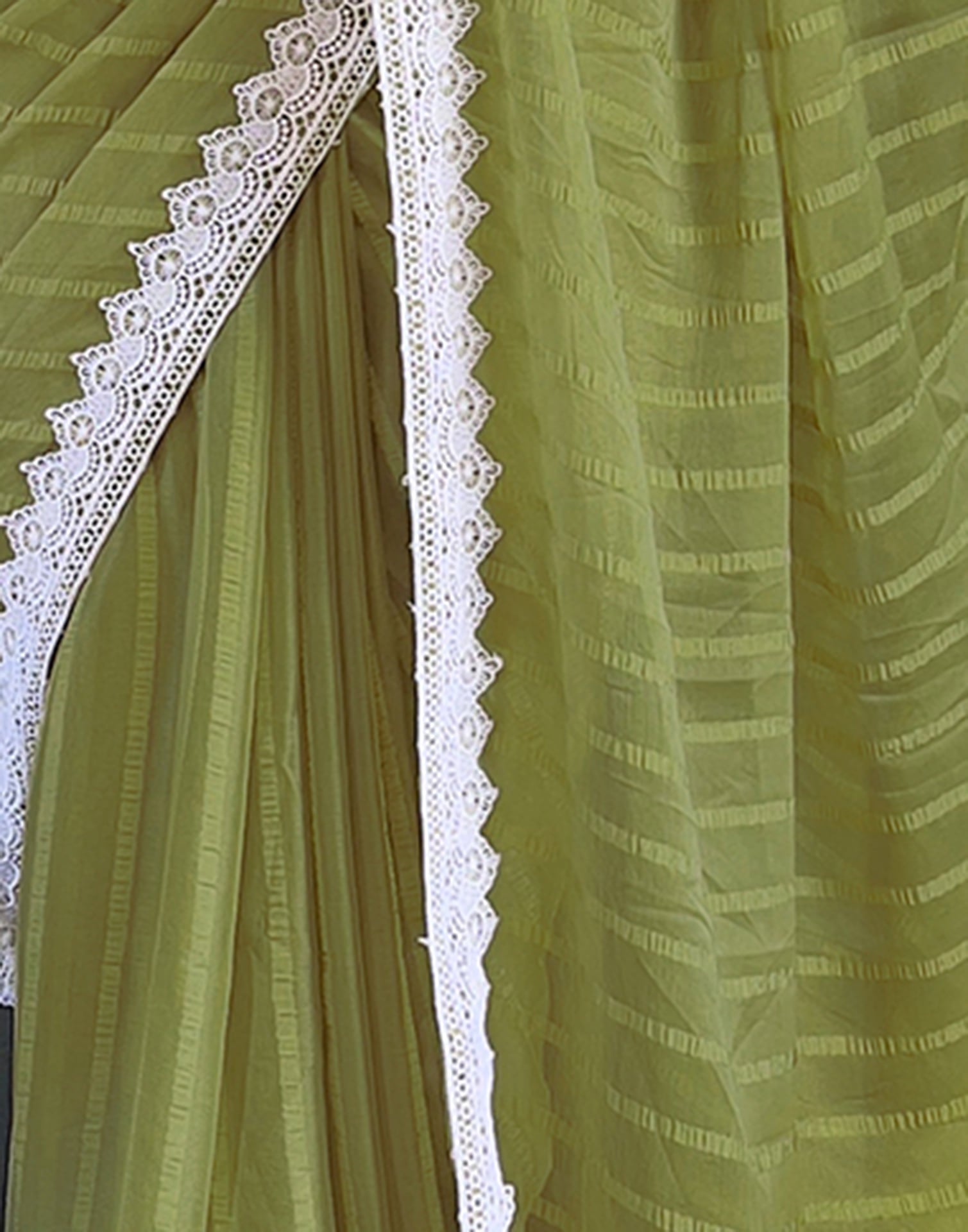 Olive Green Chiffon Lace Solid Saree