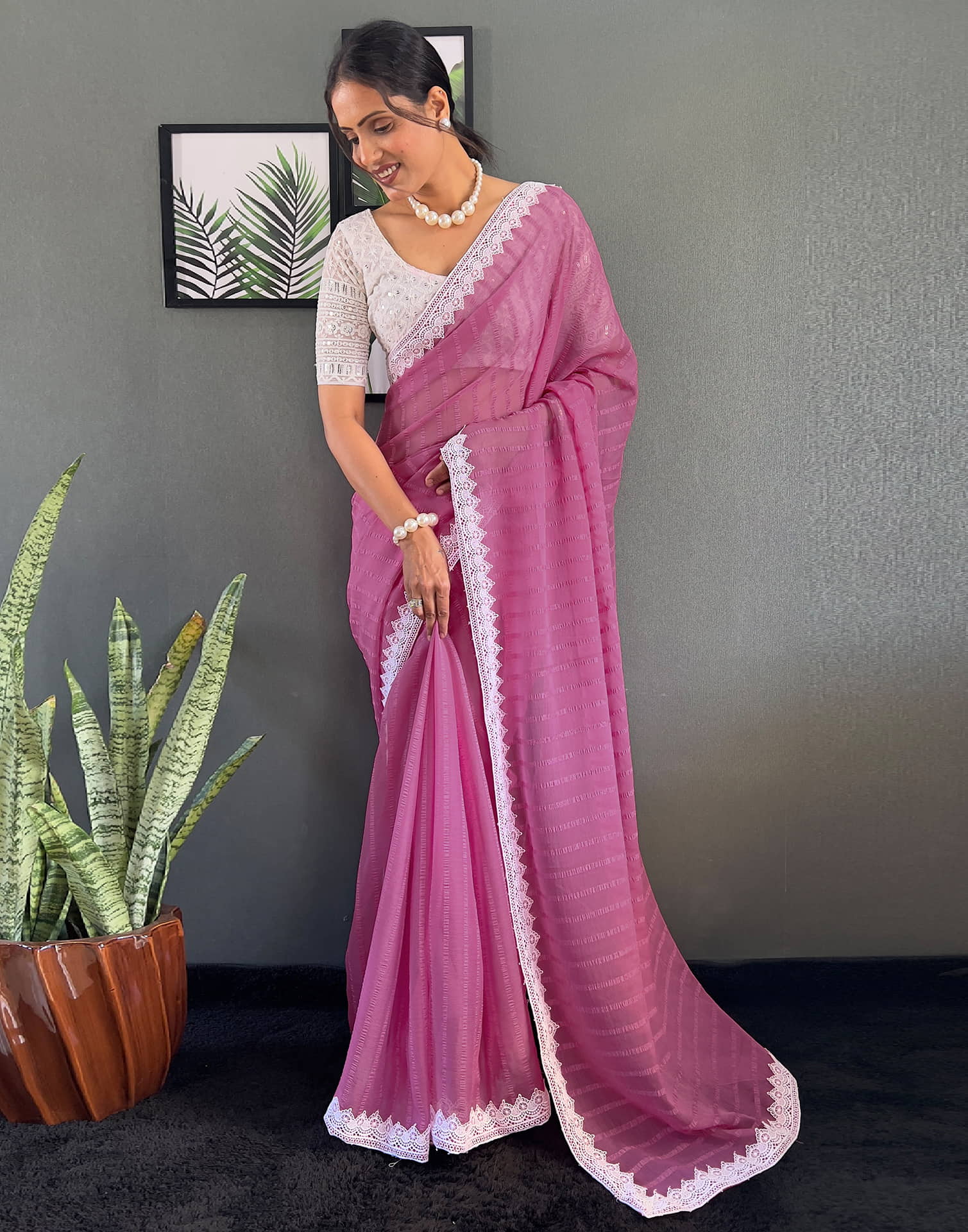 Pink Chiffon Lace Solid Saree