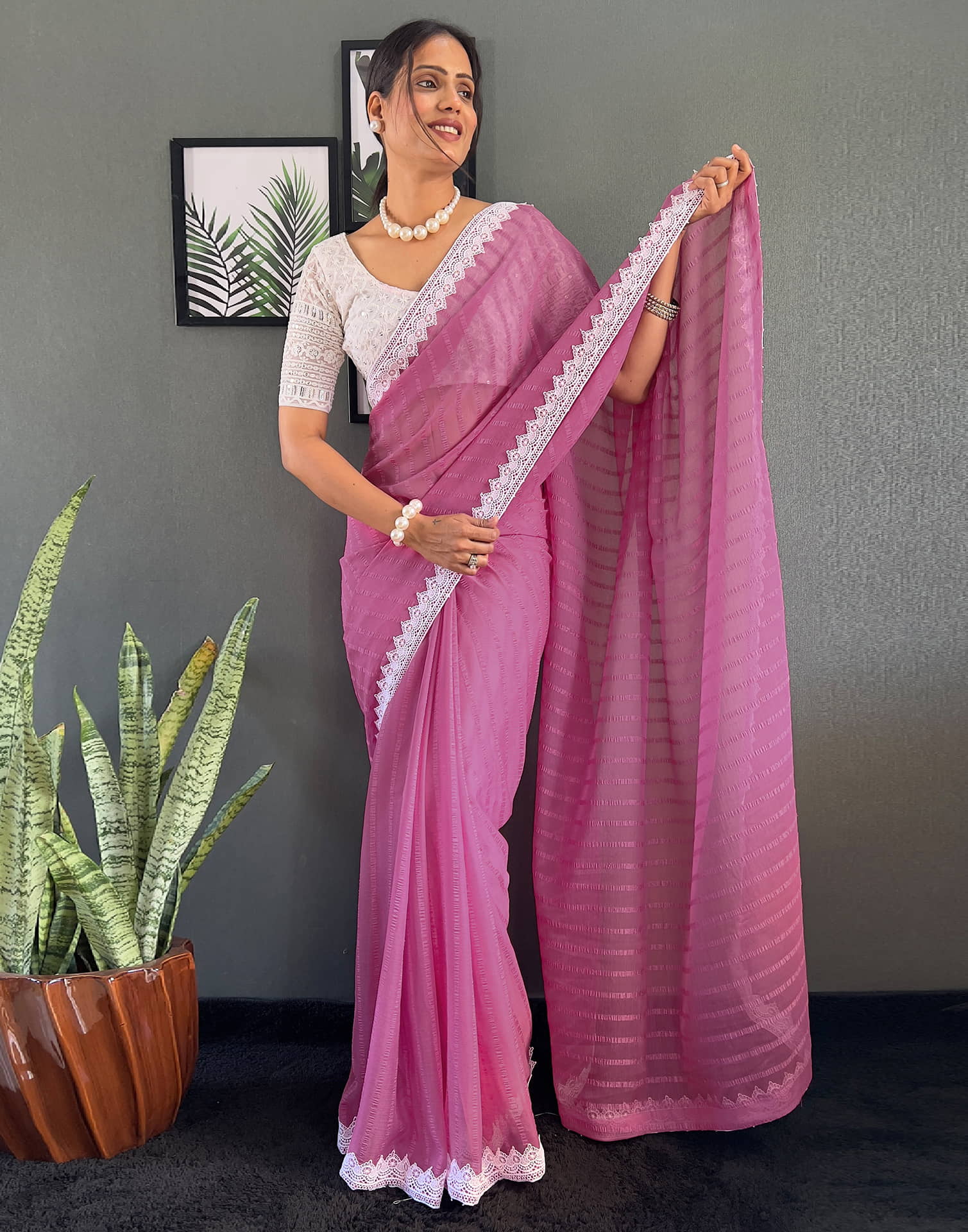Pink Chiffon Lace Solid Saree