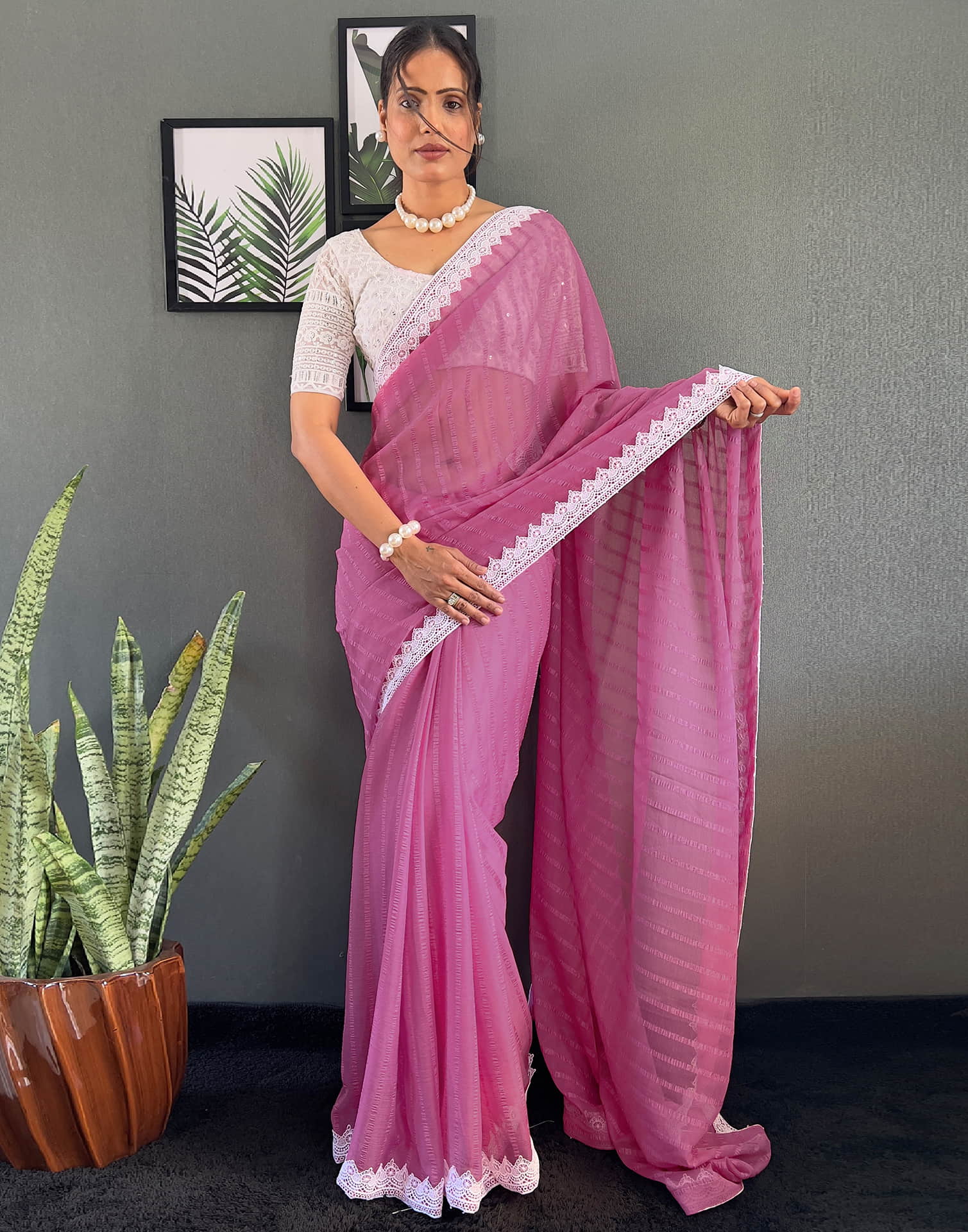 Pink Chiffon Lace Solid Saree