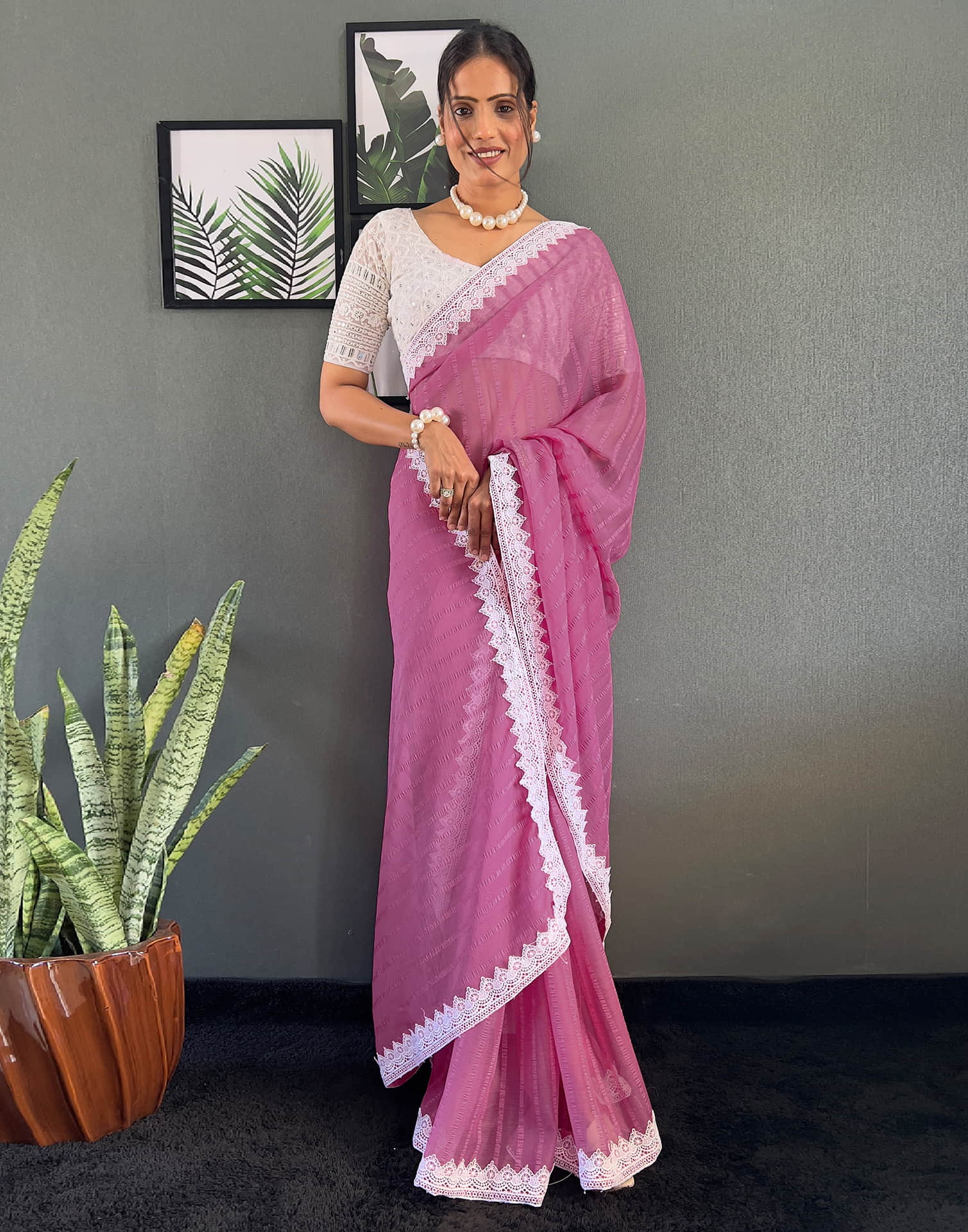 Pink Chiffon Lace Solid Saree