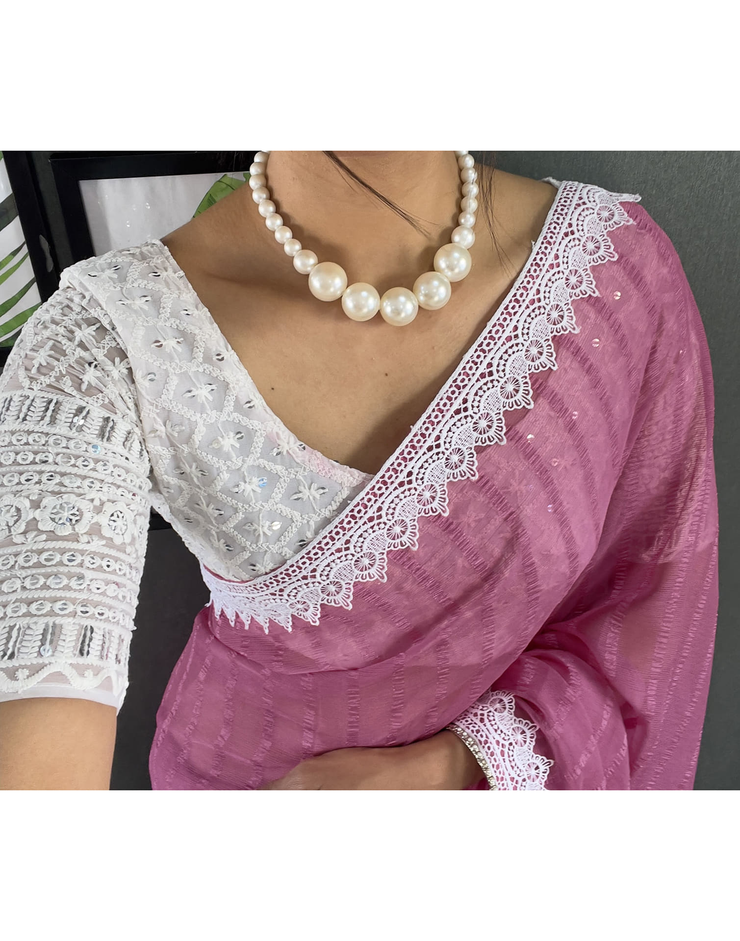 Pink Chiffon Lace Solid Saree