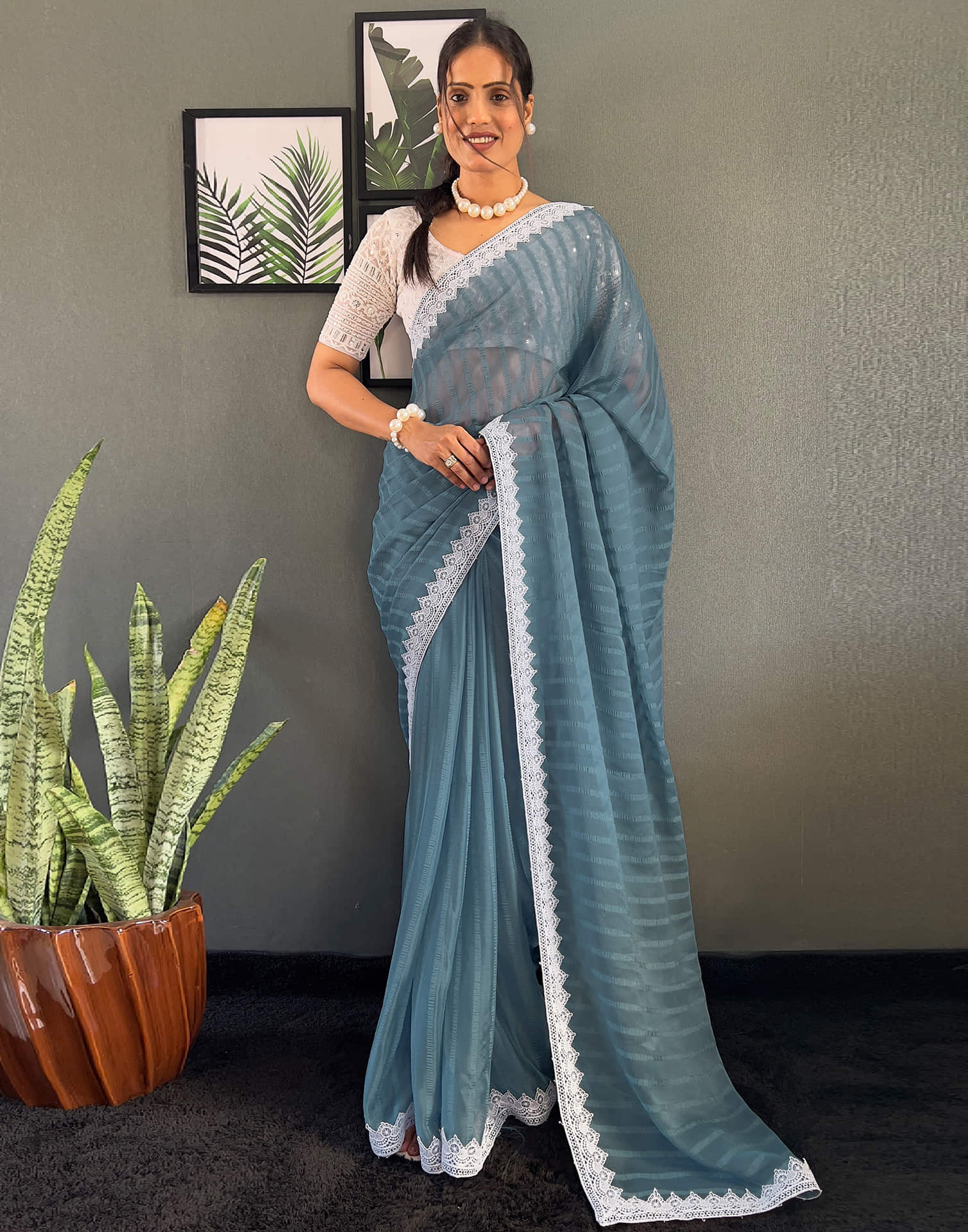 Grey Chiffon Lace Solid Saree