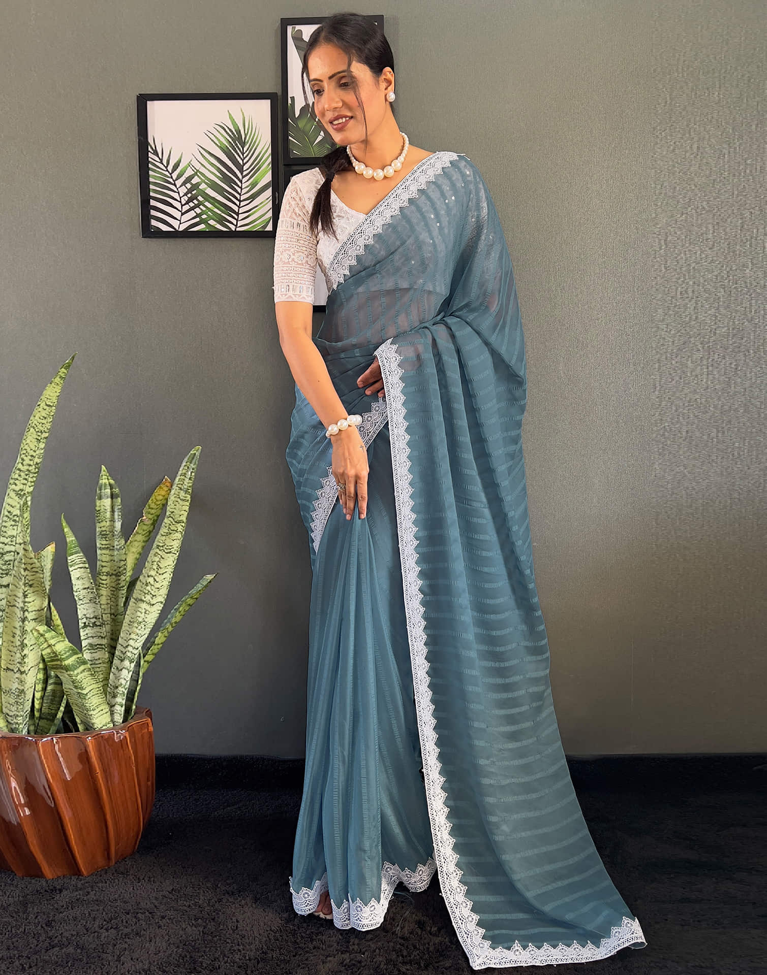 Grey Chiffon Lace Solid Saree
