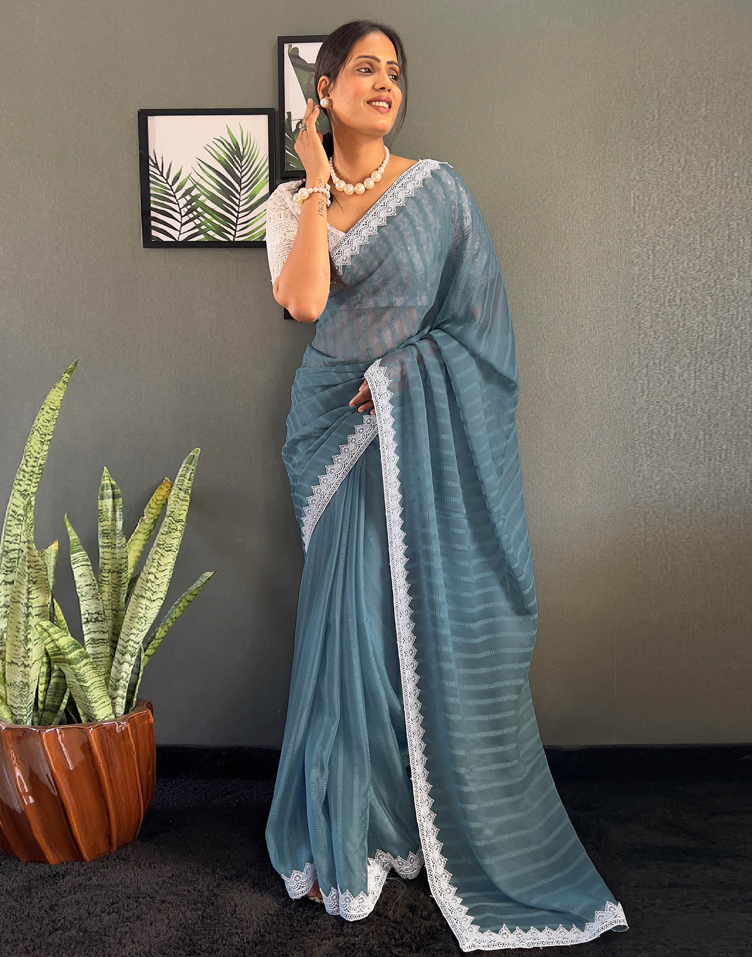 Grey Chiffon Lace Solid Saree