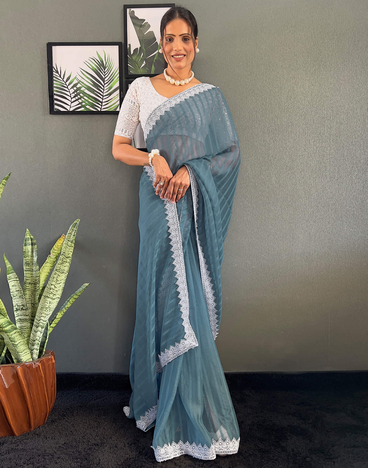 Grey Chiffon Lace Solid Saree