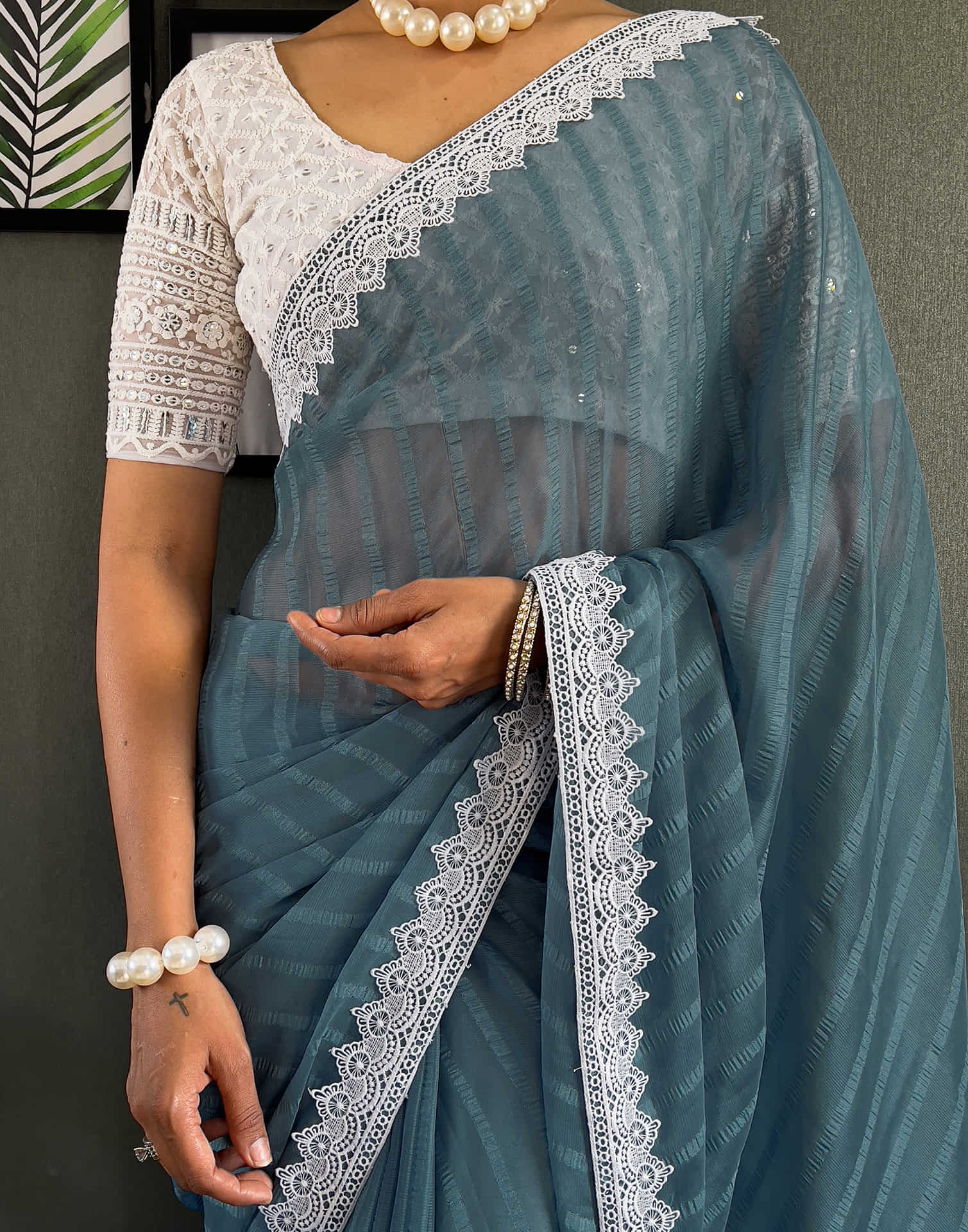 Grey Chiffon Lace Solid Saree