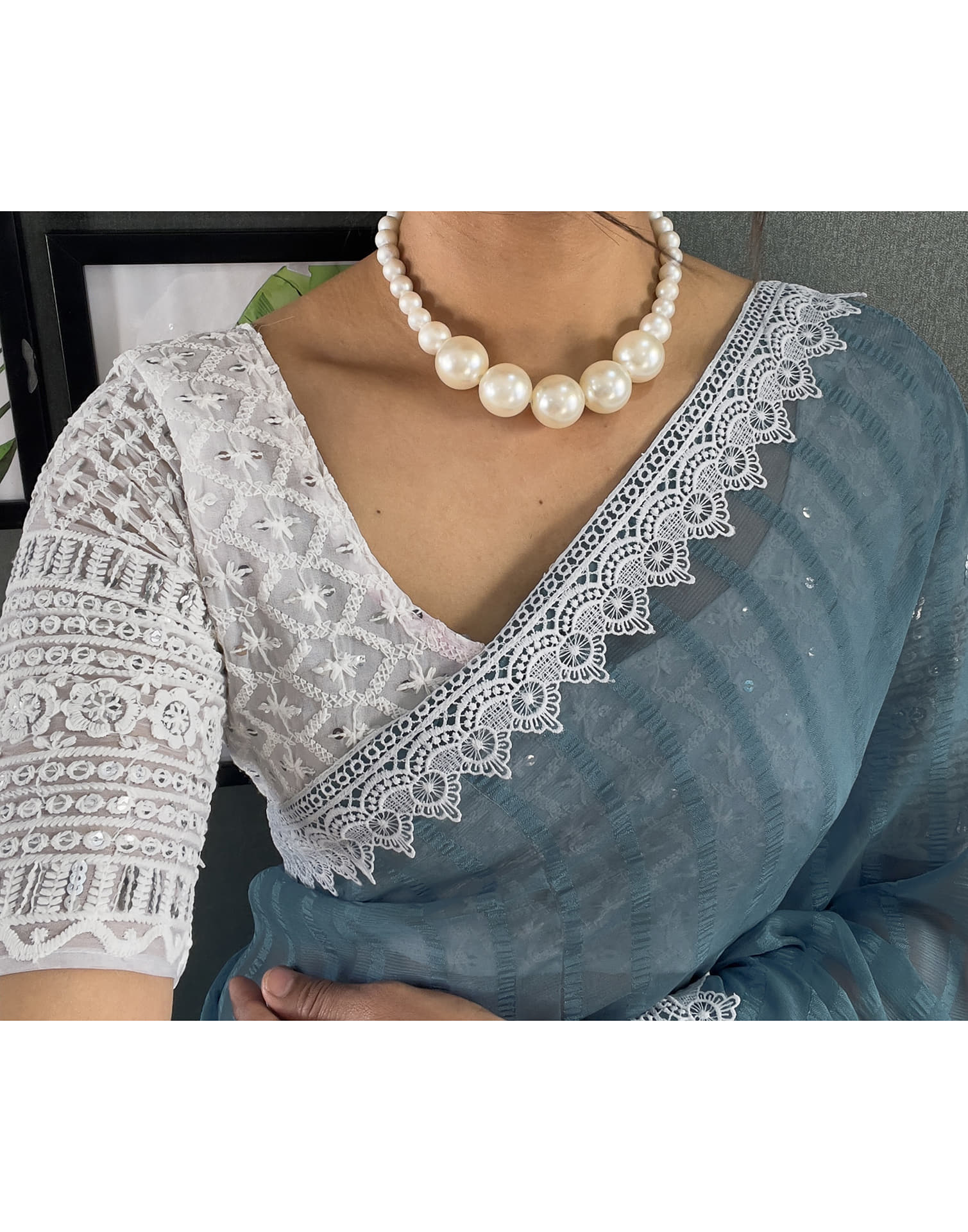 Grey Chiffon Lace Solid Saree