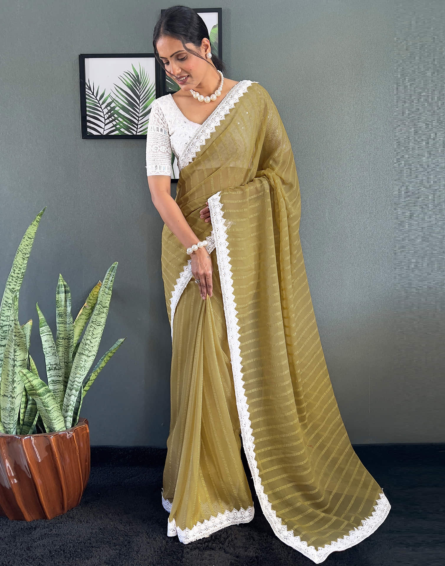 Mustard Yellow Chiffon Lace Solid Saree
