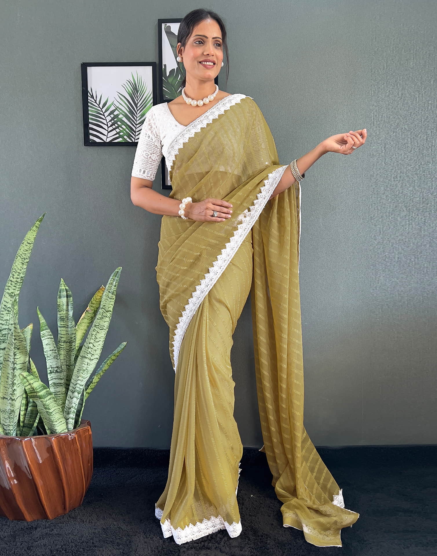 Mustard Yellow Chiffon Lace Solid Saree