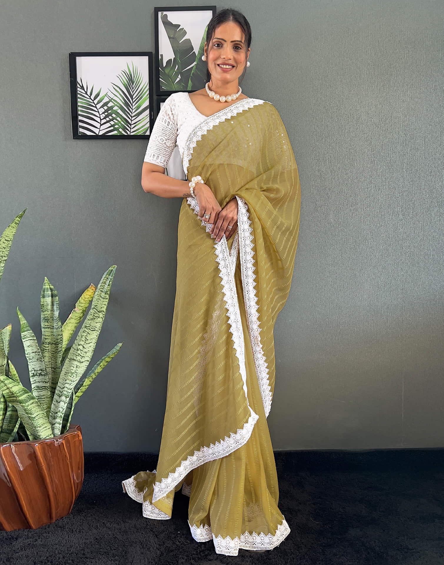 Mustard Yellow Chiffon Lace Solid Saree