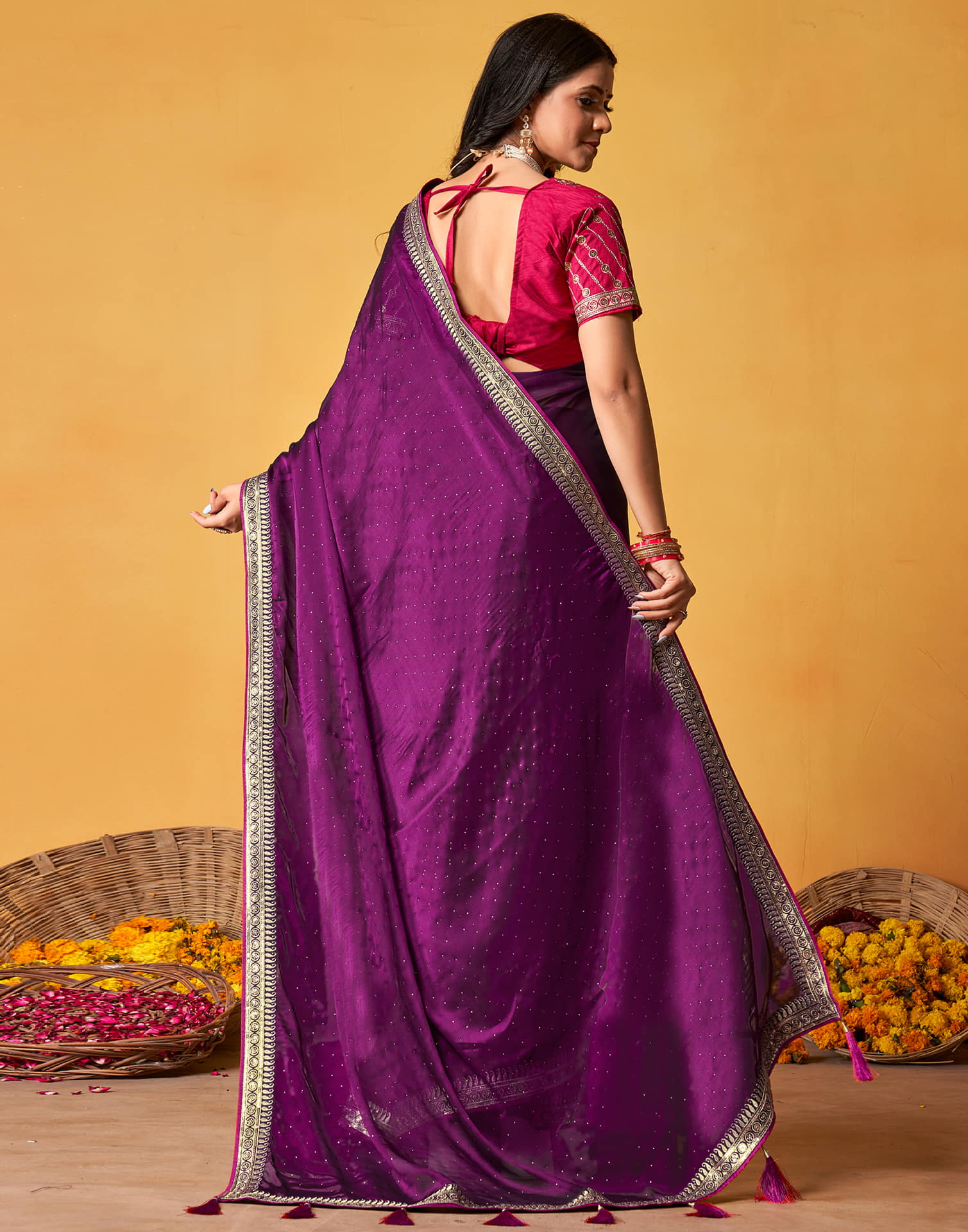 Purple Silk Stone Work Embellished Saree