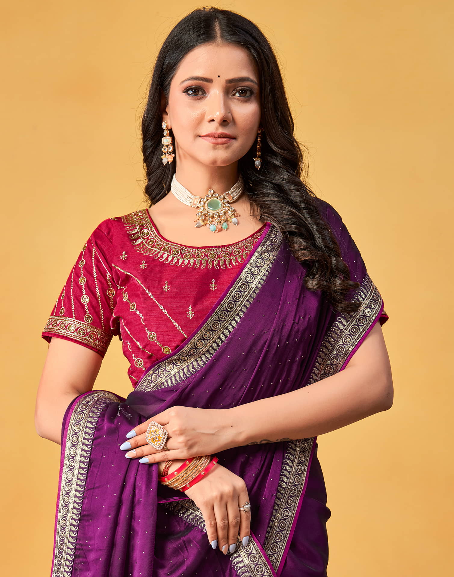 Purple Silk Stone Work Embellished Saree