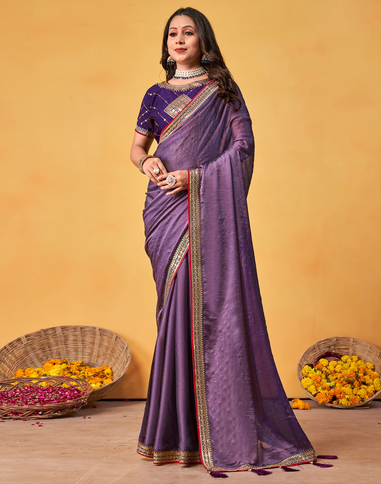 Light Purple Silk Stone Work Embellished Saree