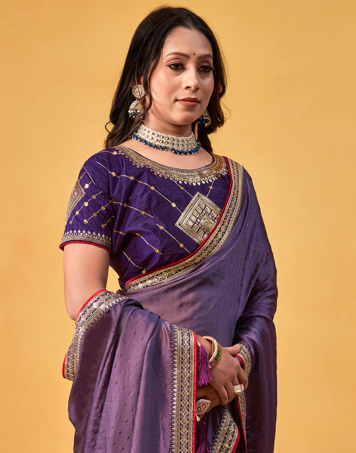Light Purple Silk Stone Work Embellished Saree