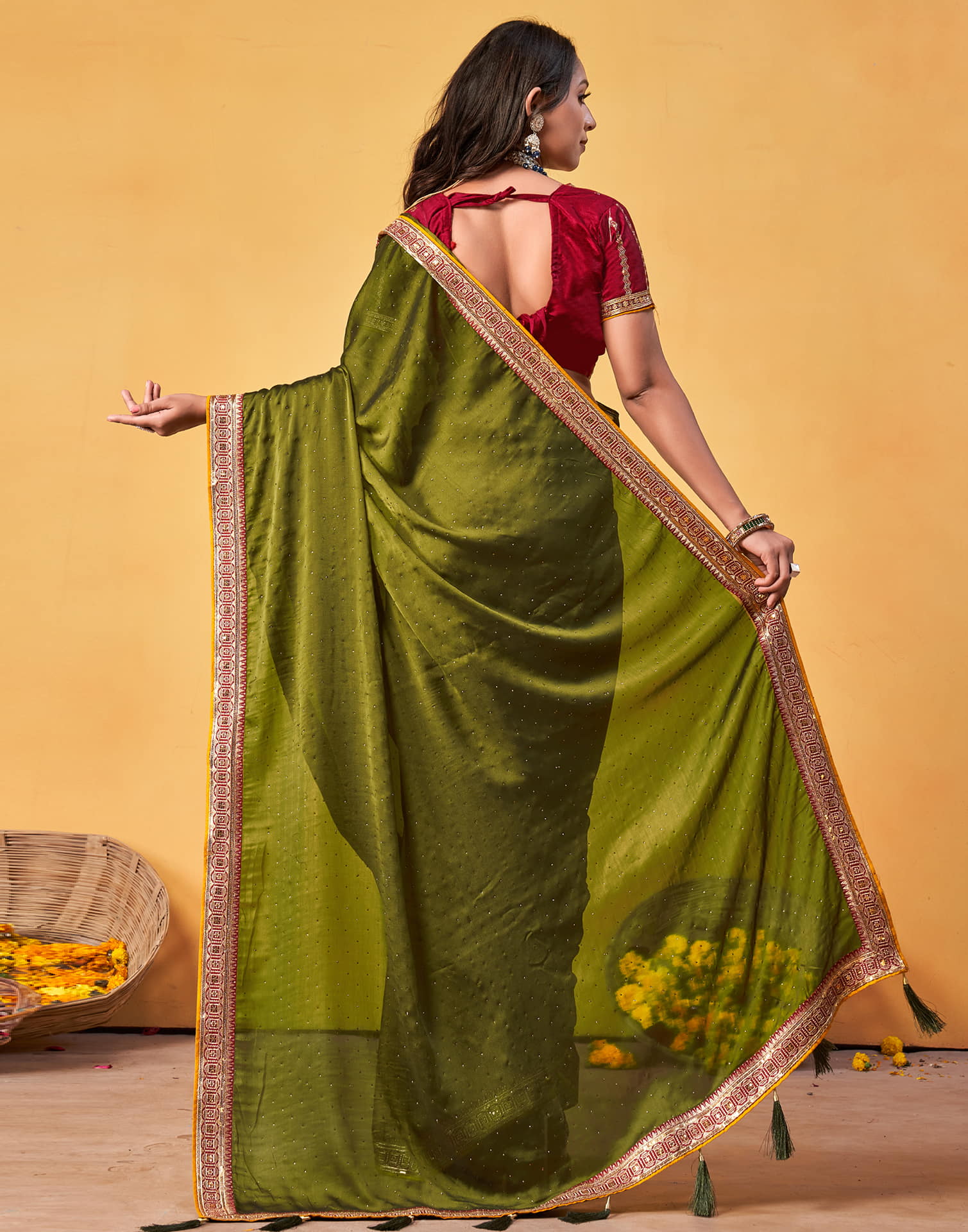 Olive Green Silk Stone Work Embellished Saree