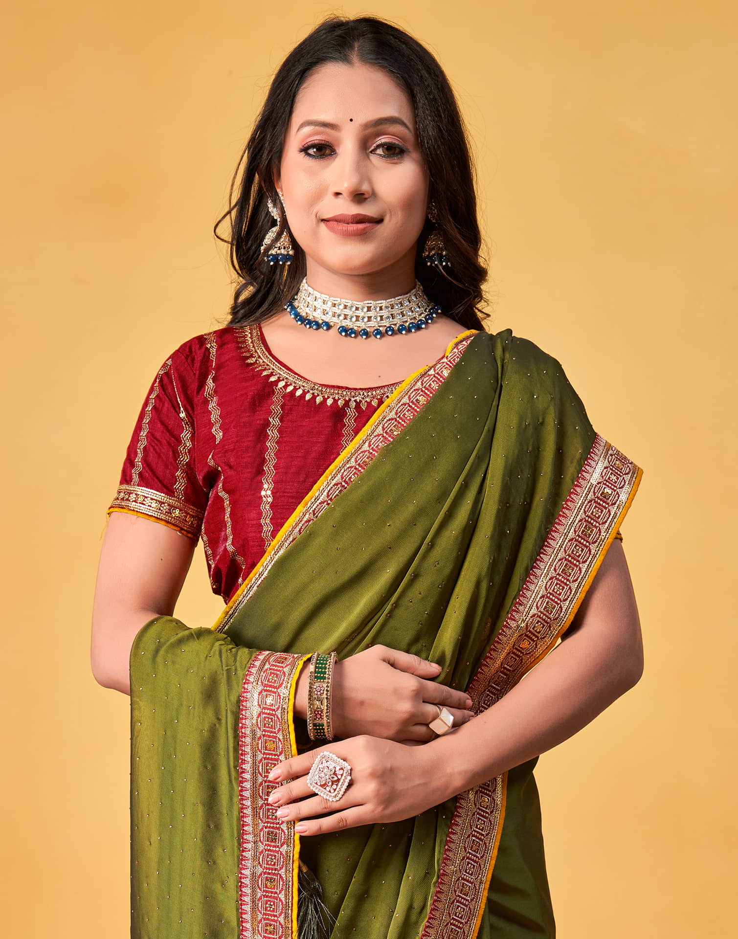 Olive Green Silk Stone Work Embellished Saree