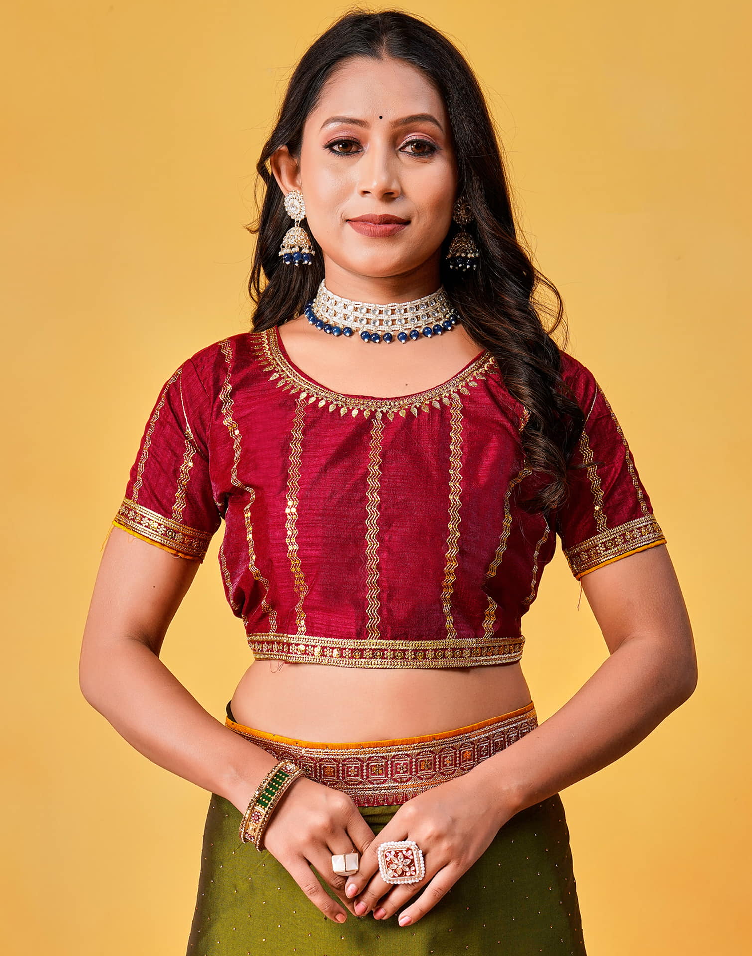 Olive Green Silk Stone Work Embellished Saree