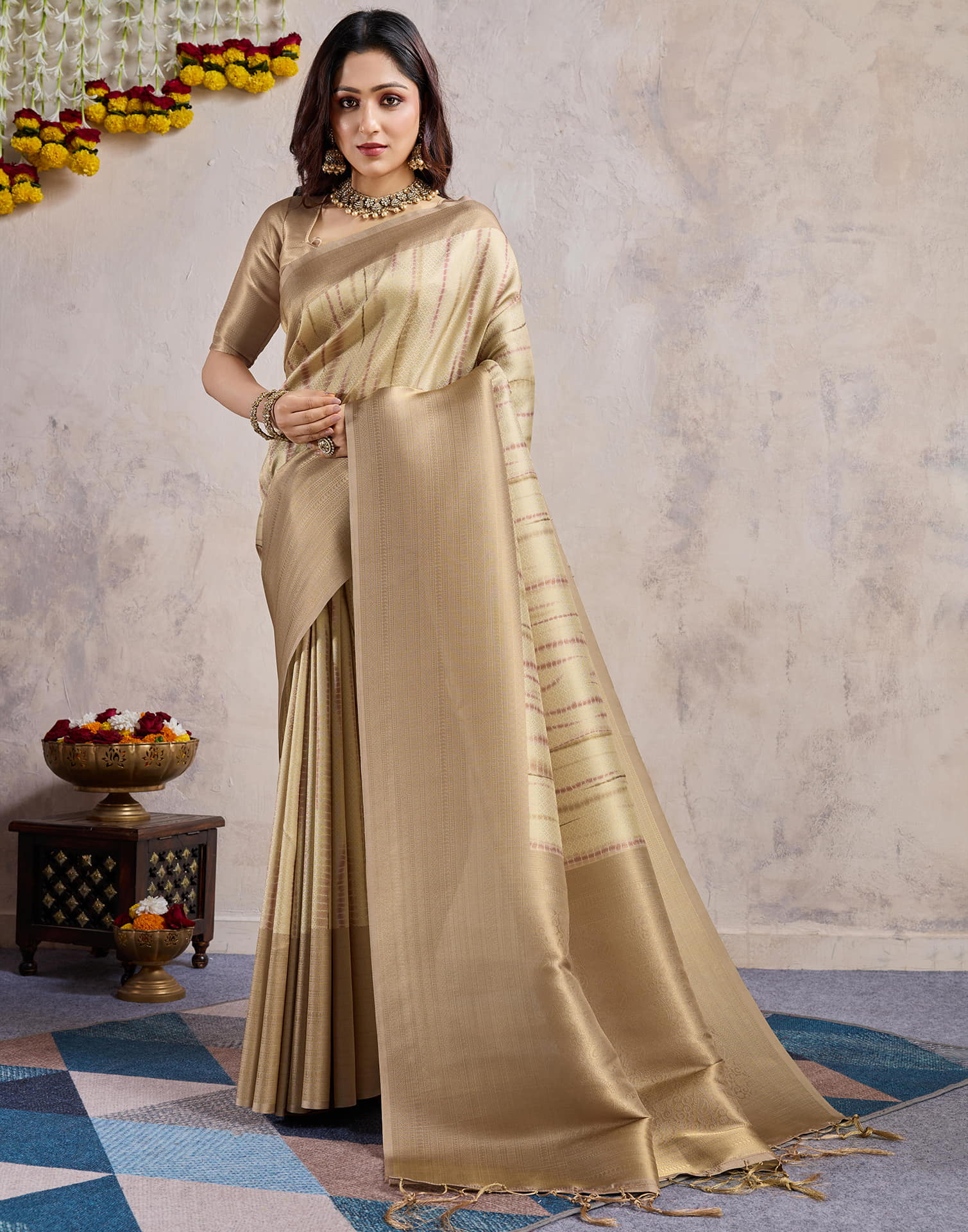Cream Silk Weaving Saree