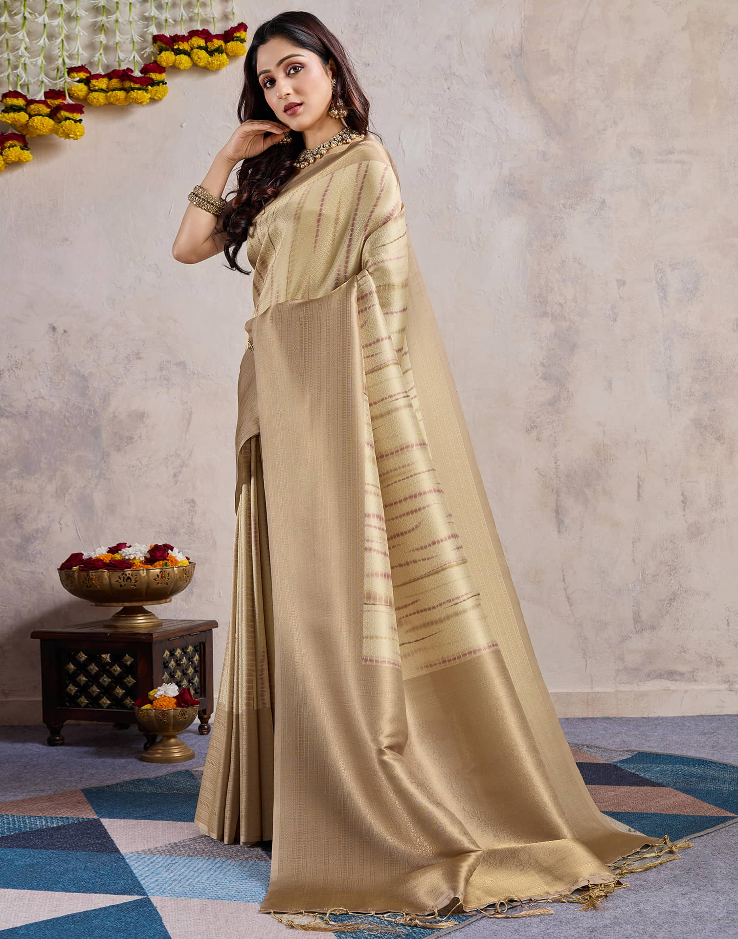 Cream Silk Weaving Saree