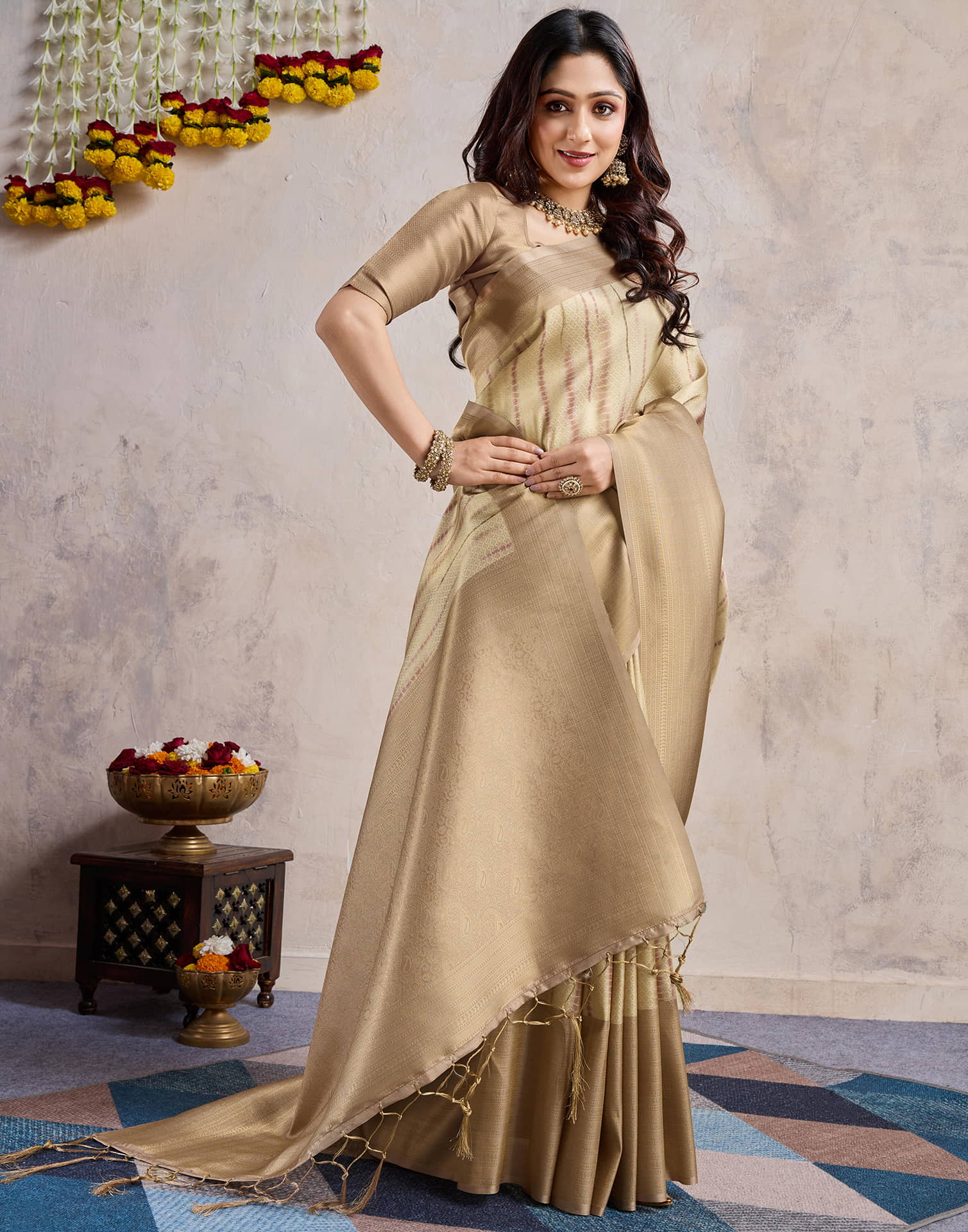 Cream Silk Weaving Saree